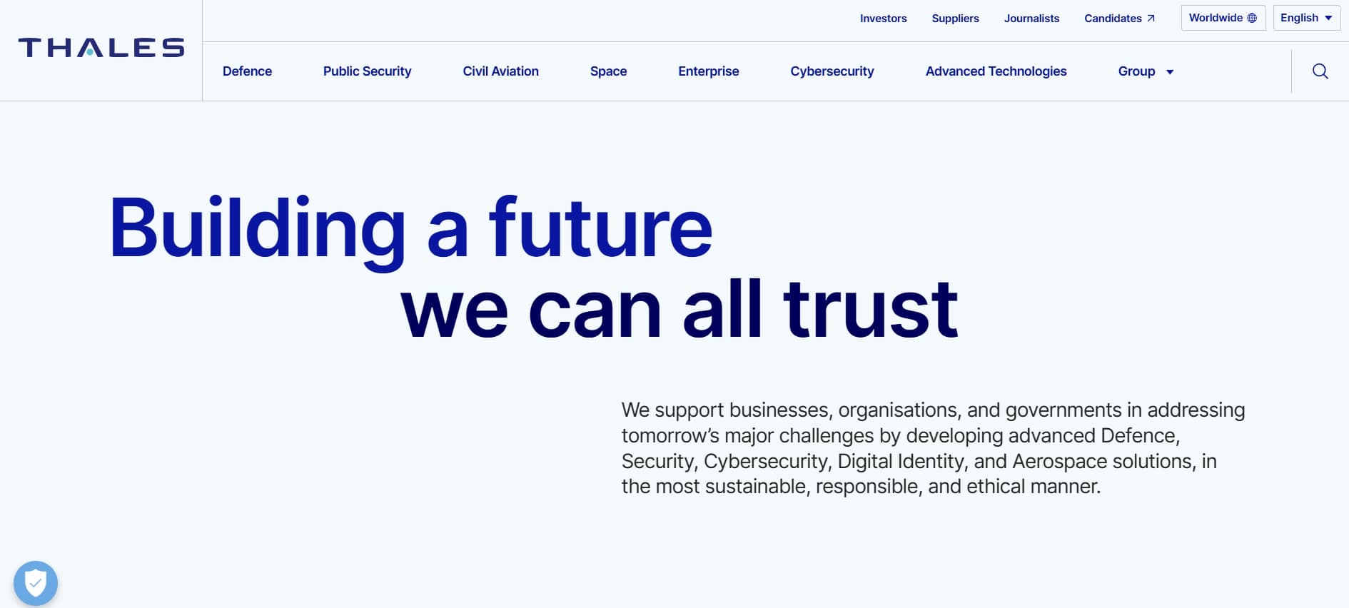 “Thales group website homepage with headline ‘Building a future we can all trust’, presenting defence, cybersecurity, digital identity, and advanced technology solutions.”