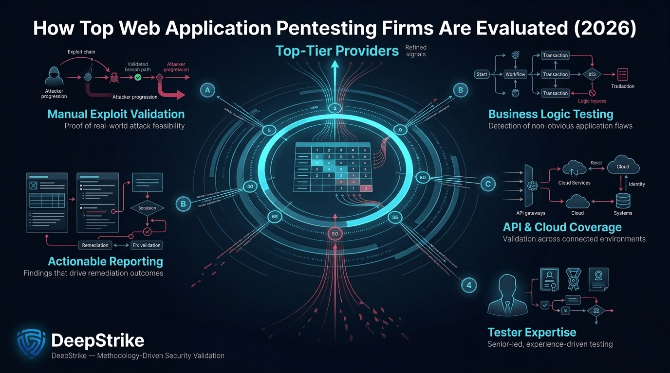 “A cybersecurity evaluation system visualizes how web application penetration testing companies are ranked based on criteria such as exploit validation, business logic testing, API coverage, tester expertise, and reporting quality.”