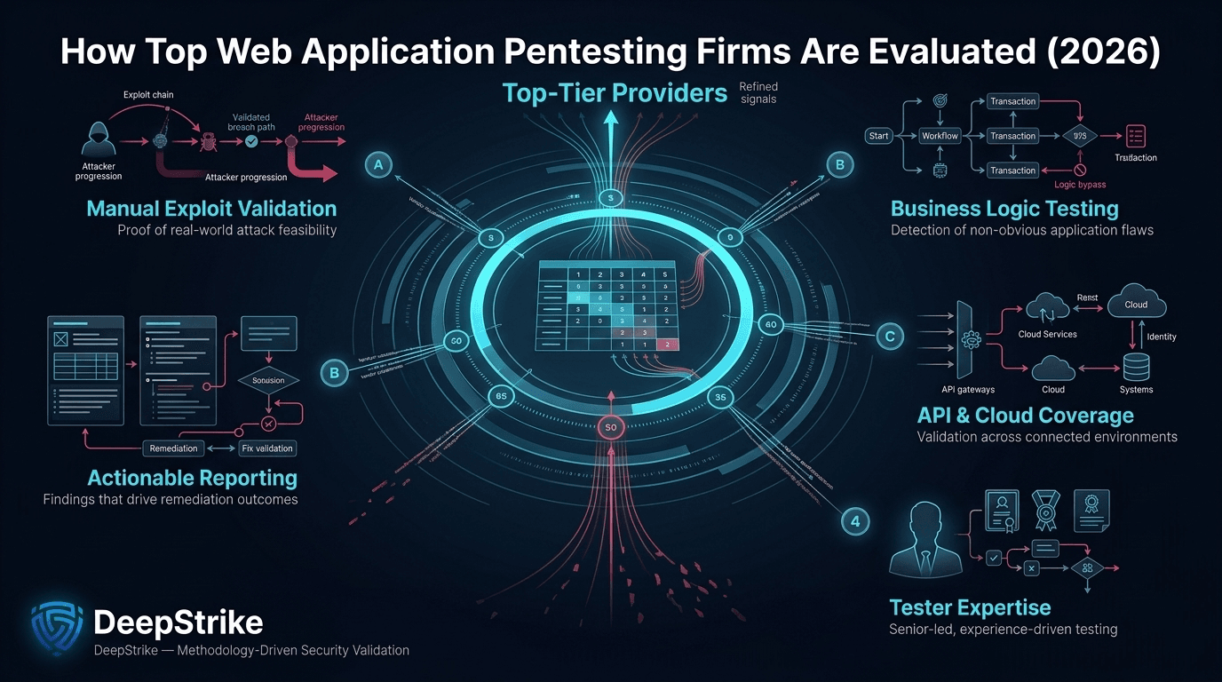 “A cybersecurity evaluation system visualizes how web application penetration testing companies are ranked based on criteria such as exploit validation, business logic testing, API coverage, tester expertise, and reporting quality.”