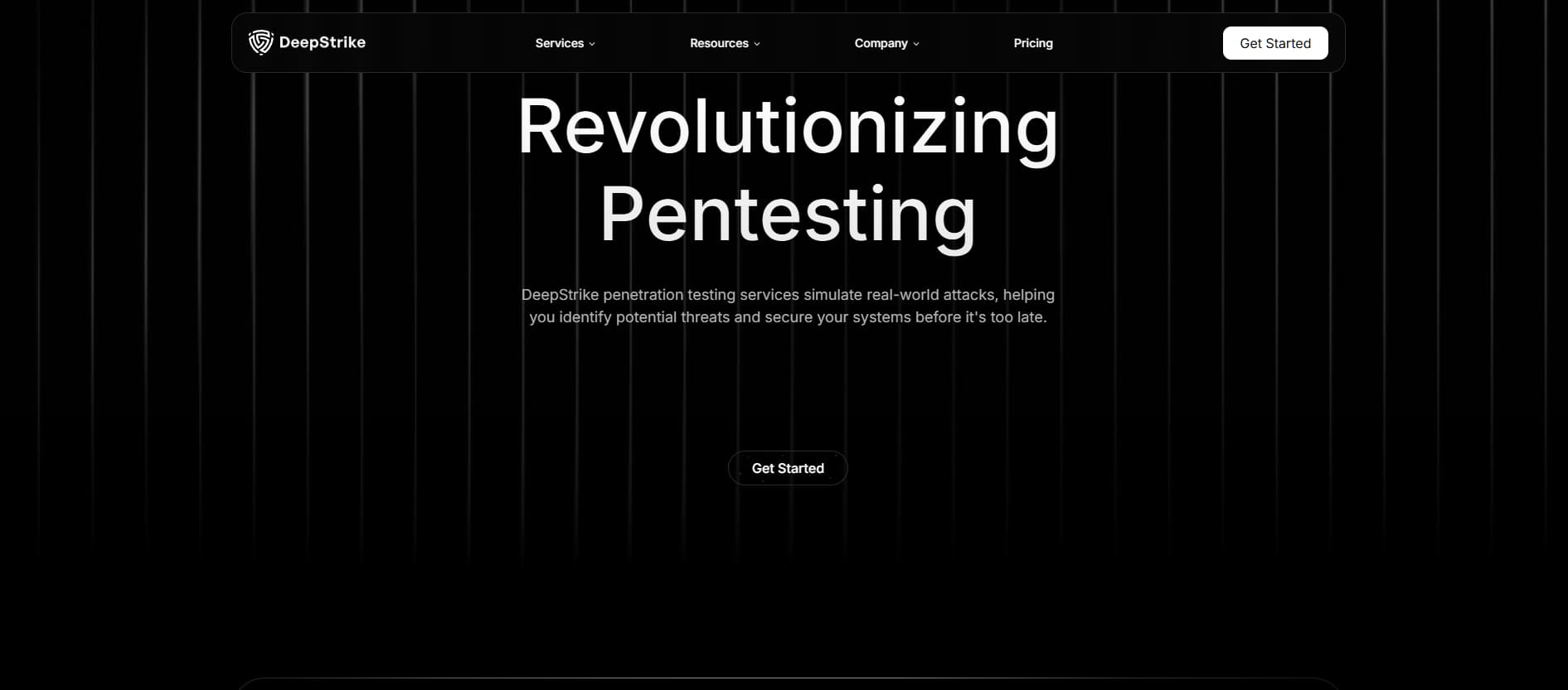 "DeepStrike penetration testing services homepage — ethical hackers simulating real-world cyberattacks to identify threats, strengthen security posture, and protect businesses from breaches."