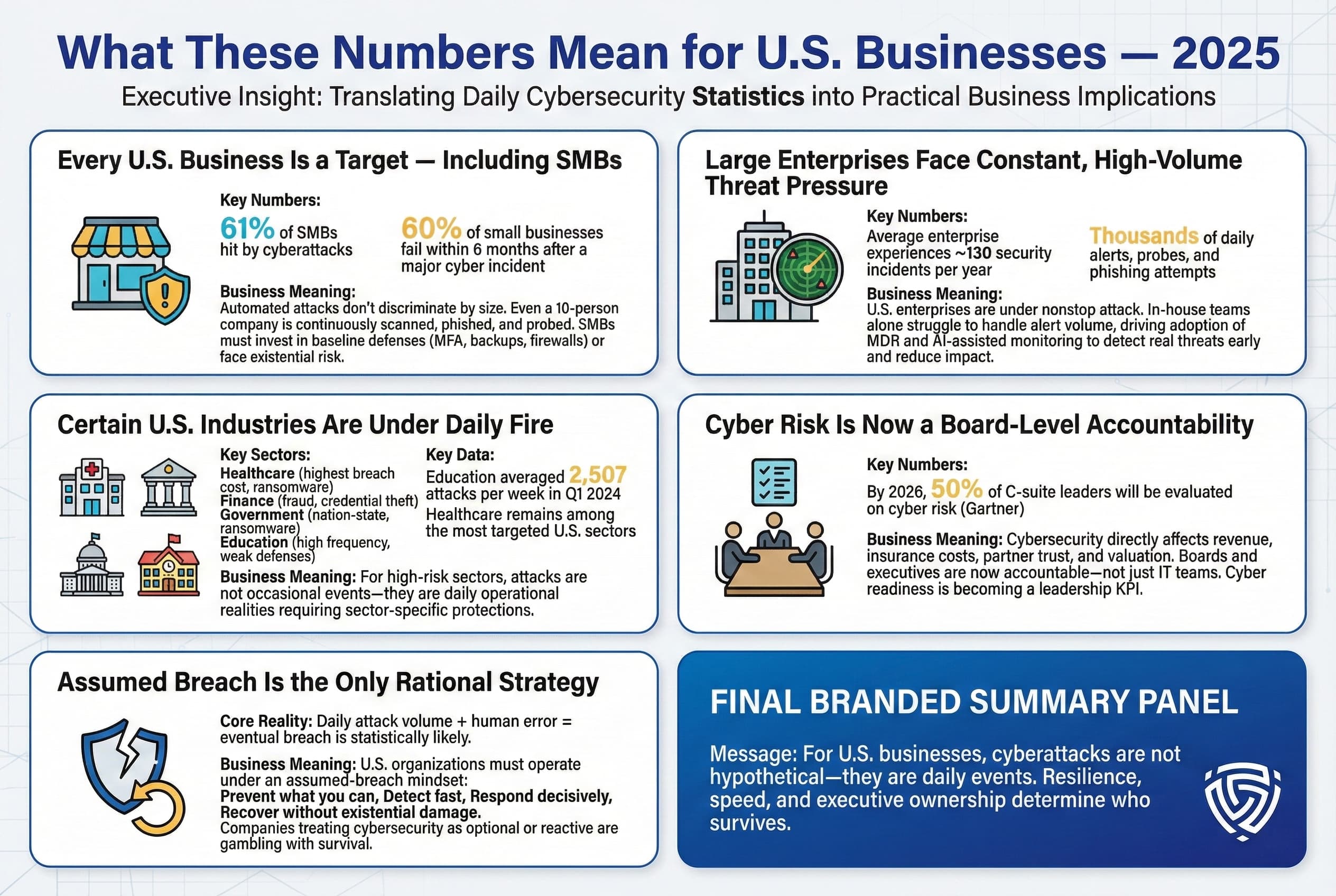 Infographic explaining 2025 U.S. cybersecurity risks, showing SMBs and enterprises are constant targets, certain industries face daily attacks, cyber risk is a board-level issue, and organizations must plan for inevitable breaches.