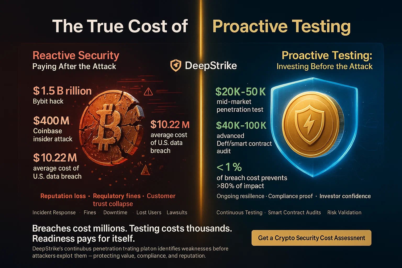 Split-screen digital illustration comparing red-tinted shattered crypto coins symbolizing breach losses with blue-gold shielded coins representing proactive testing and security investment.
