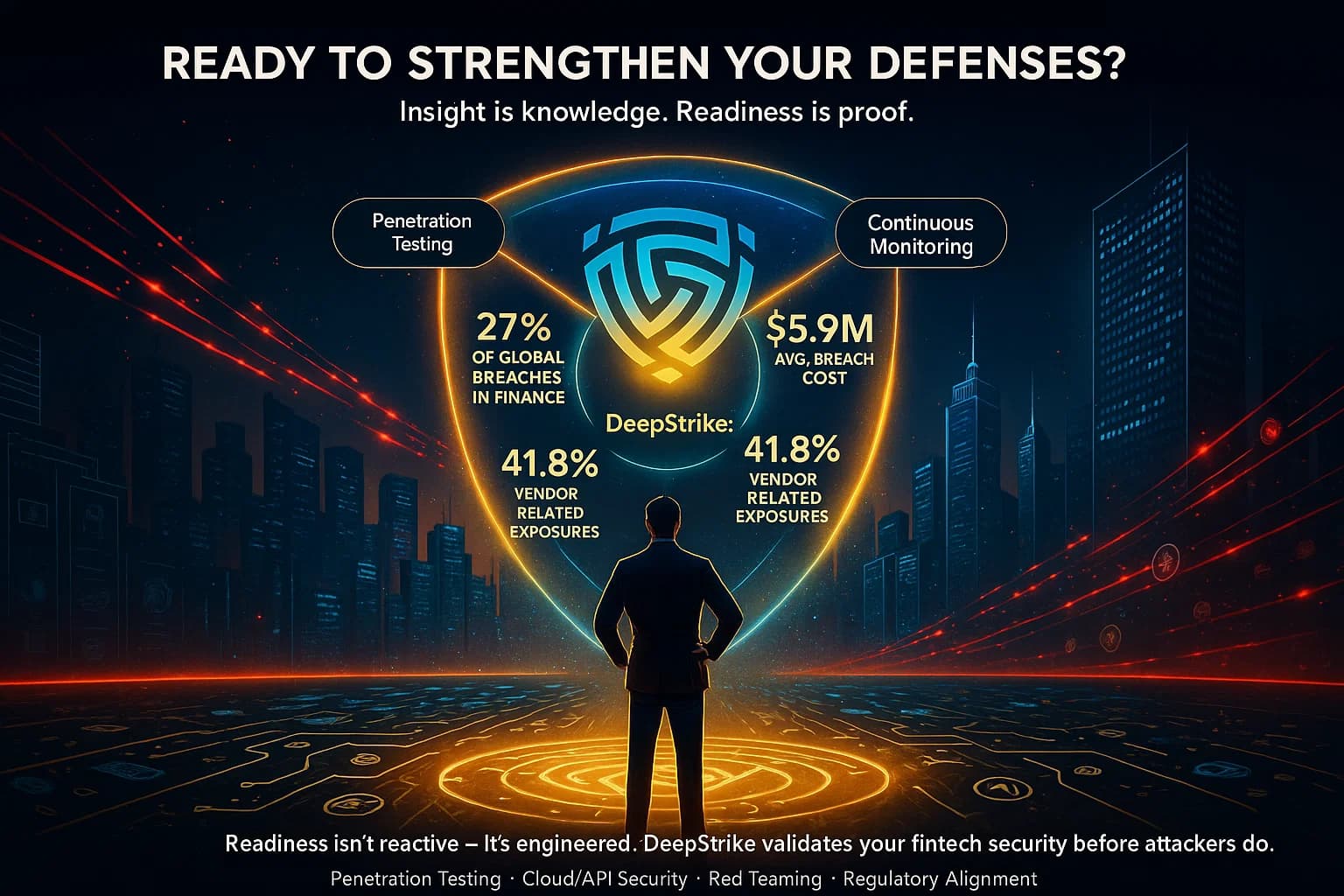 Digital illustration of a cybersecurity professional activating a holographic blue-gold shield labeled with DeepStrike’s fintech testing and defense services, protecting a digital financial skyline from red attack vectors.