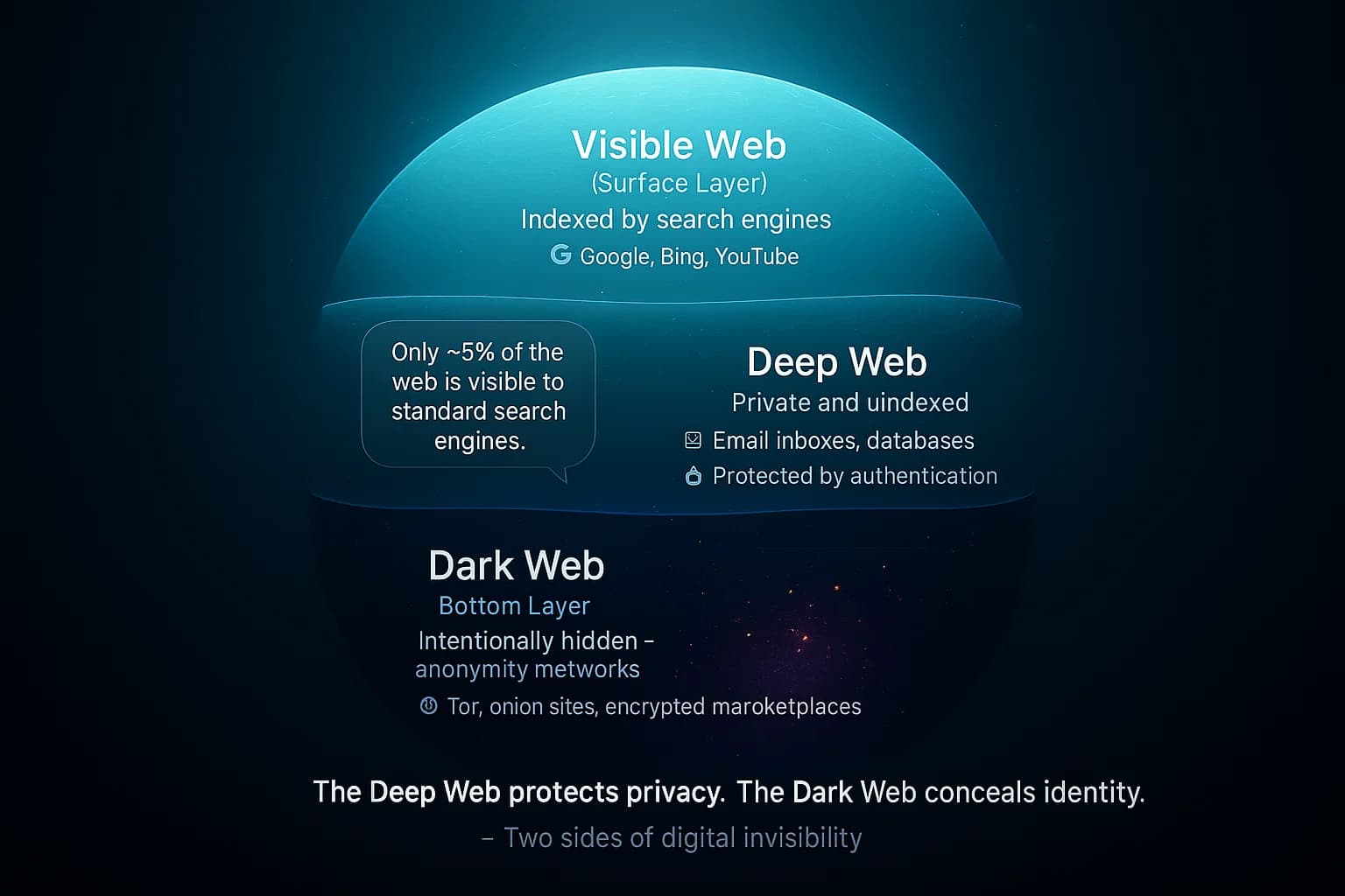 “We dive beneath the surface of the internet. The deep web holds the data you protect — your logins, your records, your workspaces. Deeper still lies the dark web — a hidden network built for anonymity, reachable only through encrypted gateways. One shields privacy, the other conceals identity.”