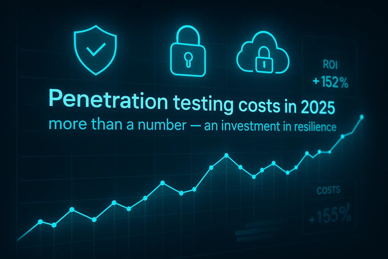 Futuristic cybersecurity dashboard showing penetration testing costs as data points and ROI metrics in neon blue and teal.”