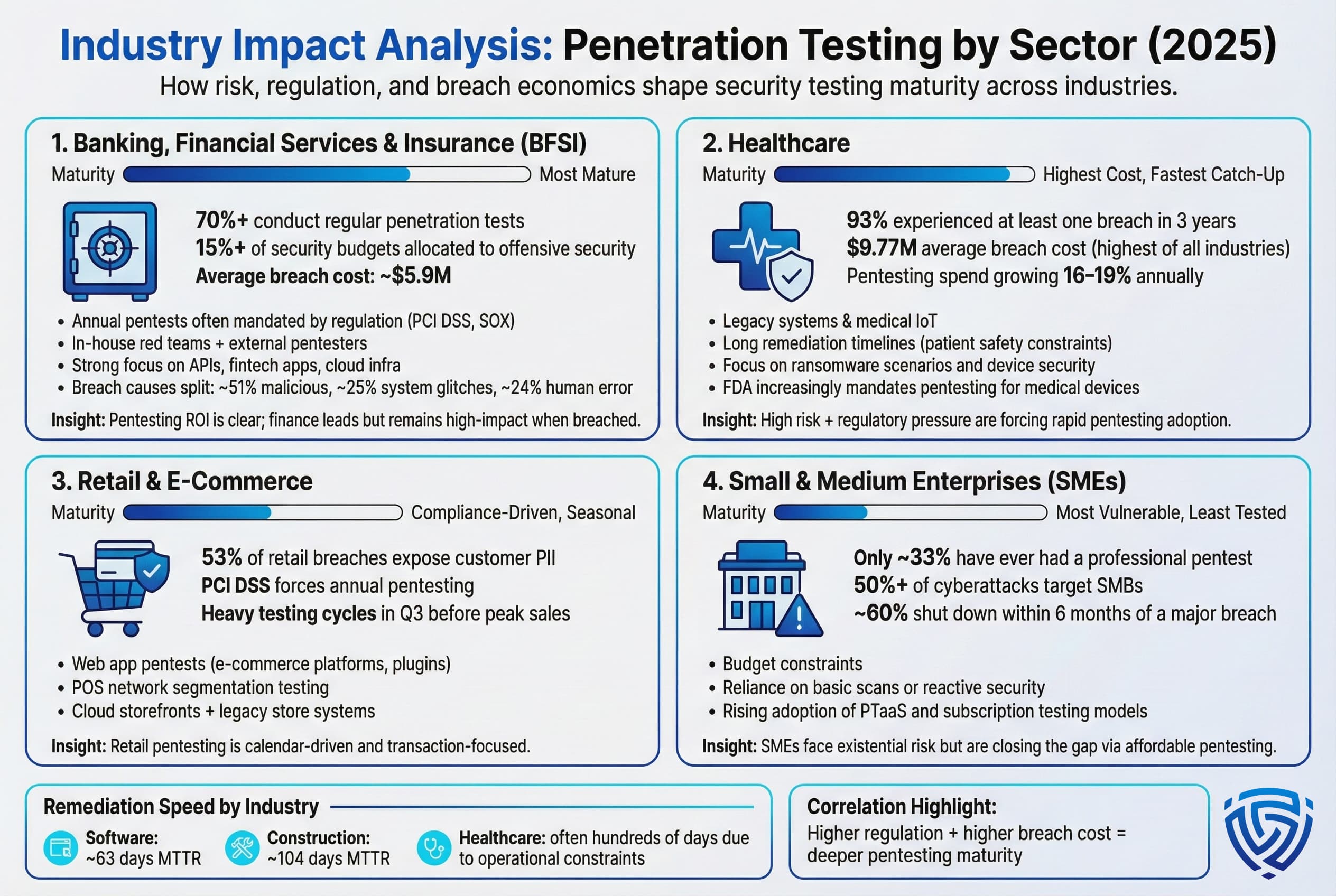 Infographic analyzing penetration testing maturity across industries, including finance, healthcare, retail, and small to medium enterprises. Shows differences in breach costs, testing frequency, regulatory pressure, and remediation speed, with SMEs identified as the most vulnerable and least tested.
