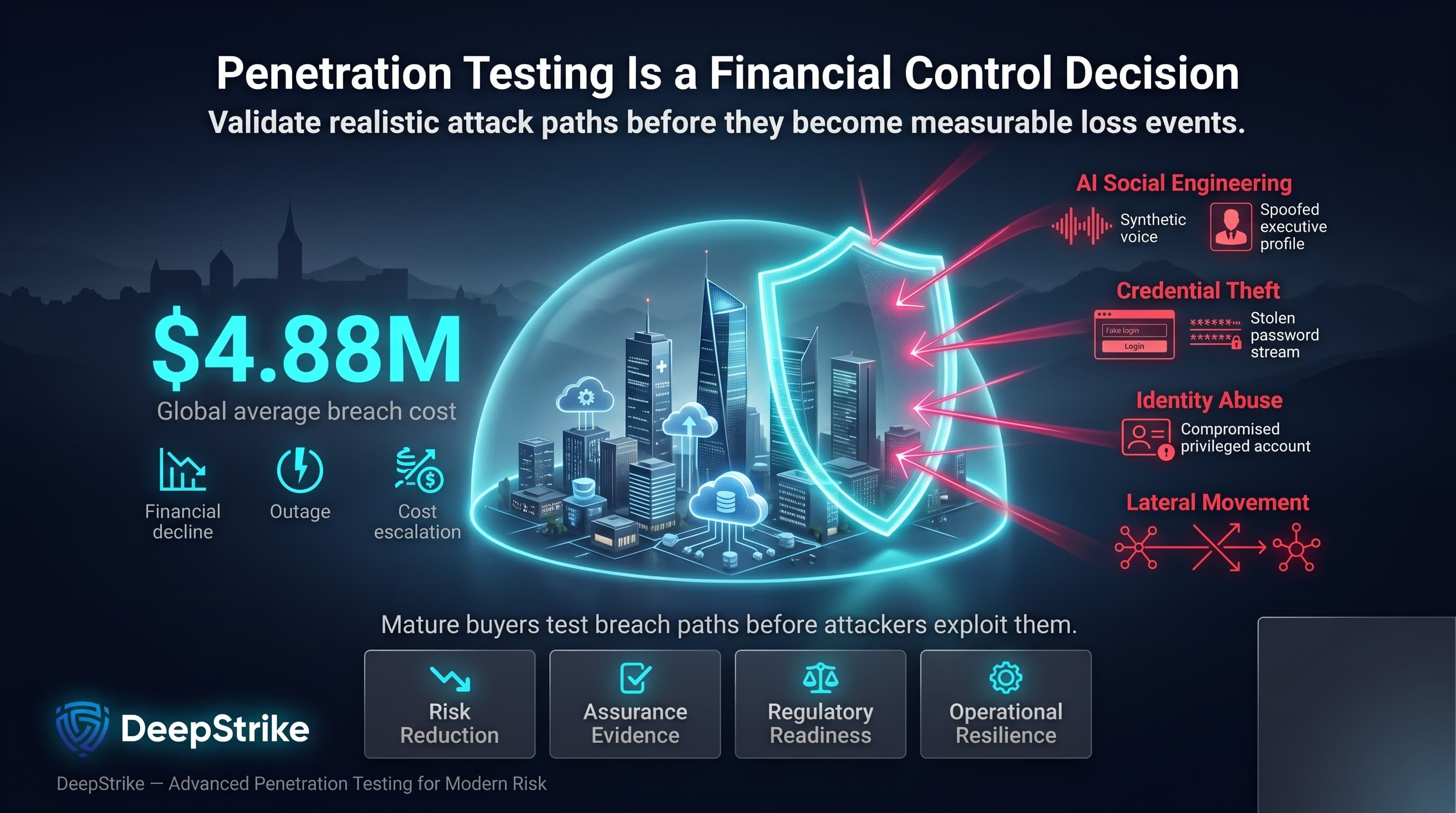 “A premium cybersecurity dashboard shows a Swiss enterprise skyline protected by a glowing shield while AI social engineering, credential theft, identity abuse, and lateral movement attack paths approach. A $4.88M breach cost metric appears on the left, with safe empty space reserved in the lower-right corner.”