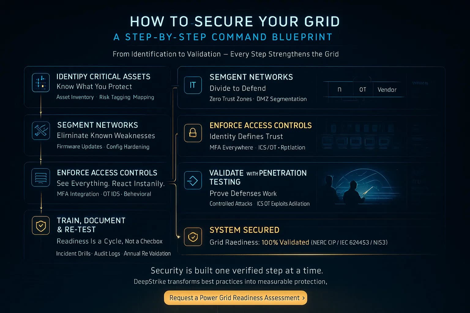 Digital illustration of a holographic control dashboard showing seven sequential security steps — from asset identification to penetration testing — culminating in a glowing “System Secured” status for the power grid.