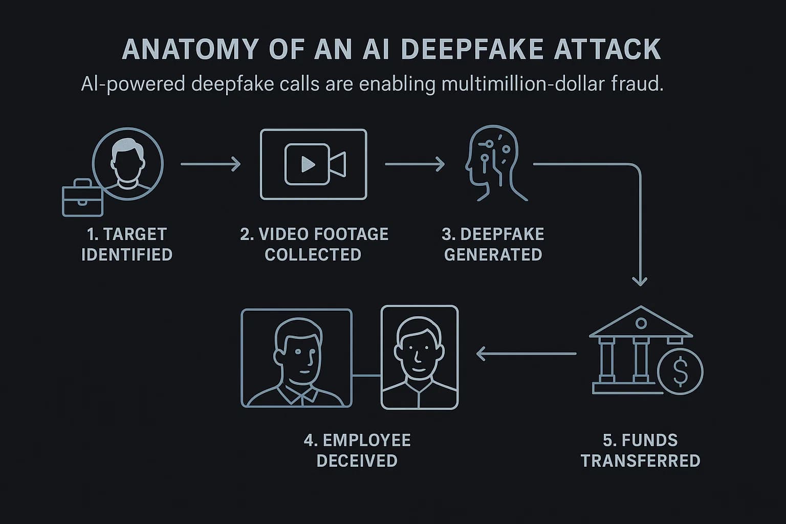 Visual flow showing how deepfakes are used in video calls to impersonate executives and trick employees into authorizing financial transfers.