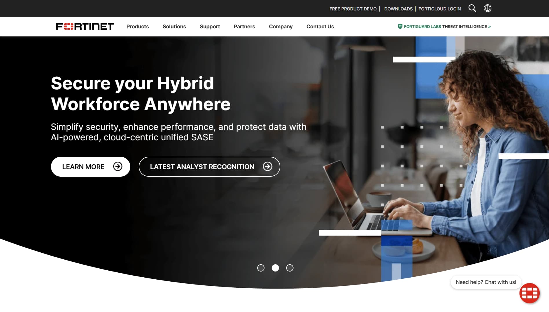 Fortinet homepage focusing on securing hybrid workforces with AI-powered unified SASE and cloud-centric protection.