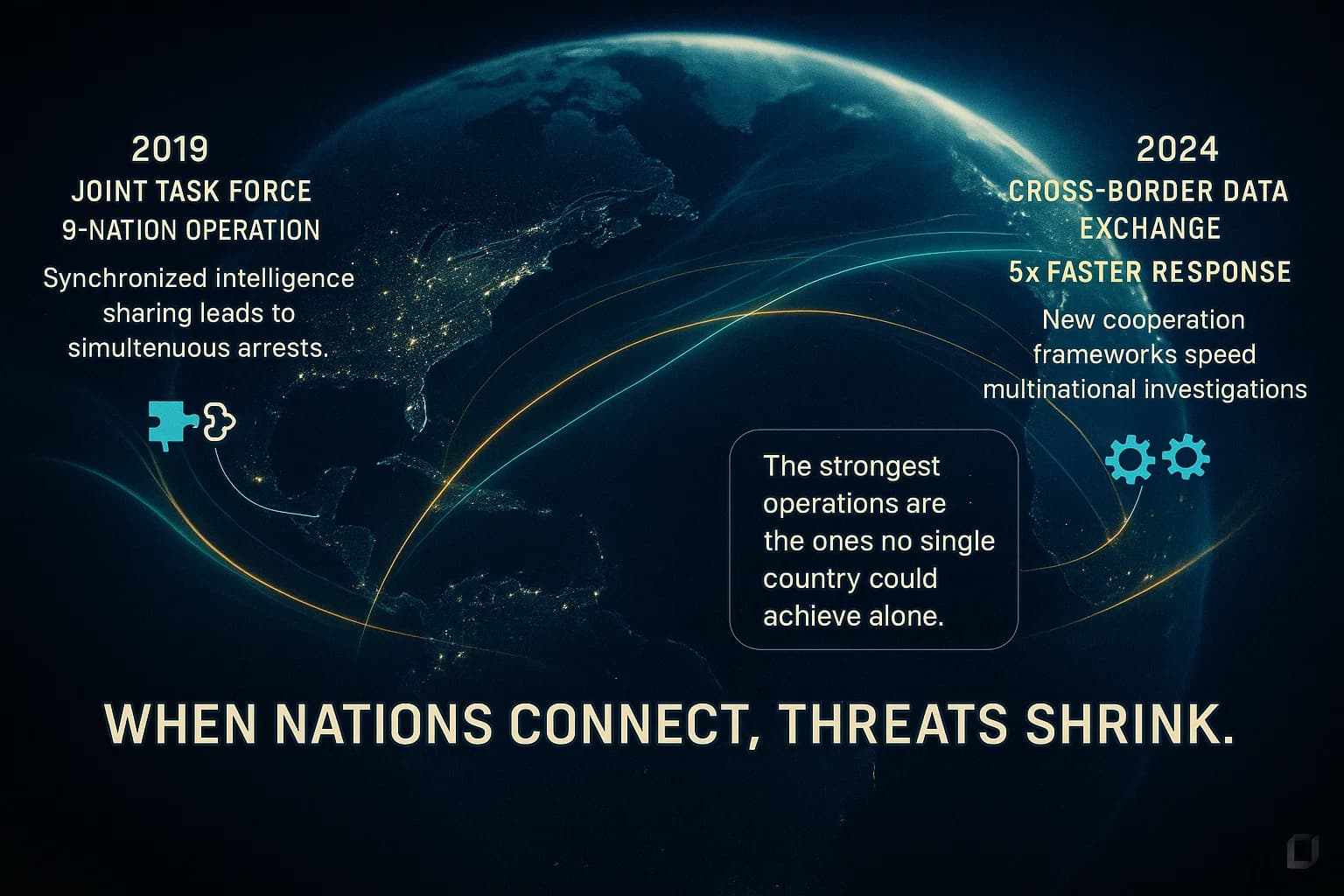 “A cinematic, glowing Earth rotates slowly as bright lines connect nations. Icons representing shared intelligence and cooperative mechanisms animate across the map. Text overlays highlight key milestones where international teamwork enabled major successes.”