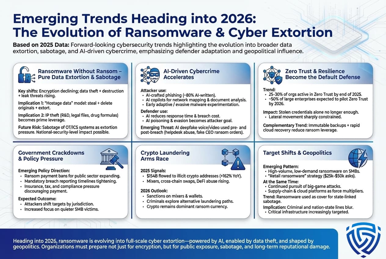 Infographic describing emerging ransomware trends, including data-only extortion without encryption, AI-driven cybercrime, Zero Trust adoption, government crackdowns, crypto laundering pressure, geopolitical targeting shifts, and increased focus on sabotage and public exposure.