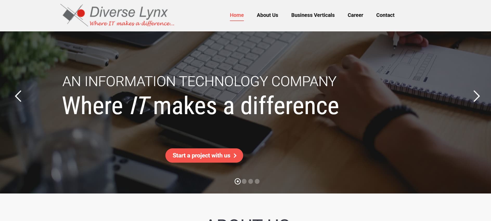 “Diverse Lynx website homepage with headline ‘Where IT makes a difference’, showing a workspace desk background and a call-to-action button ‘Start a project with us’.”