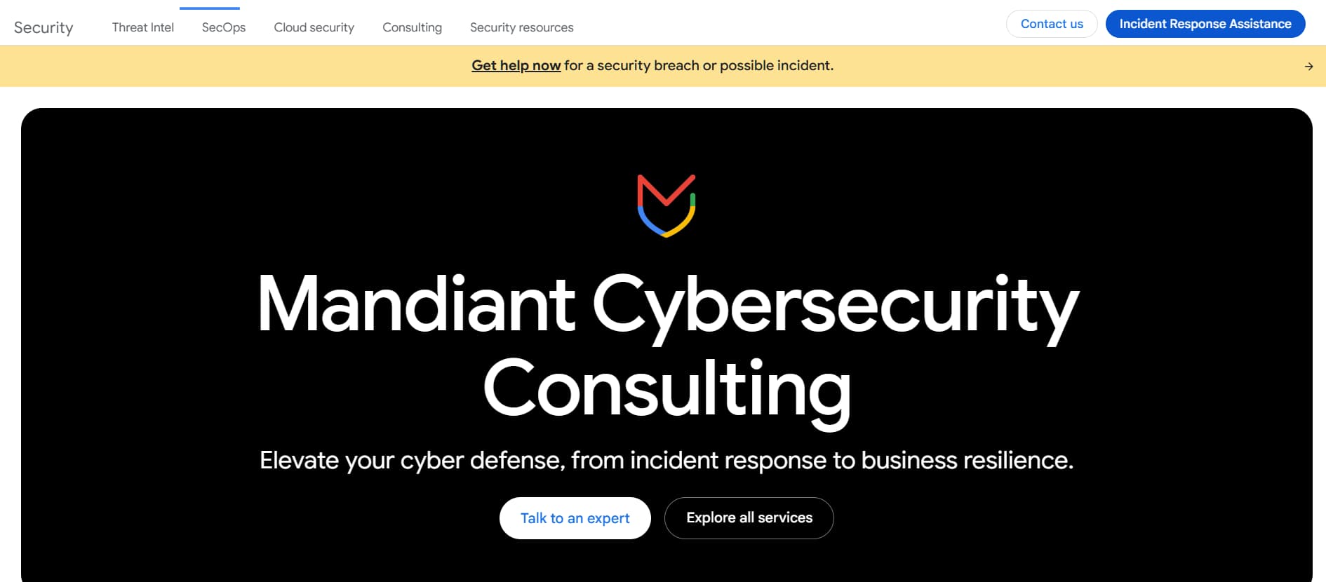 Mandiant cybersecurity consulting services interface highlighting incident response and enterprise threat intelligence