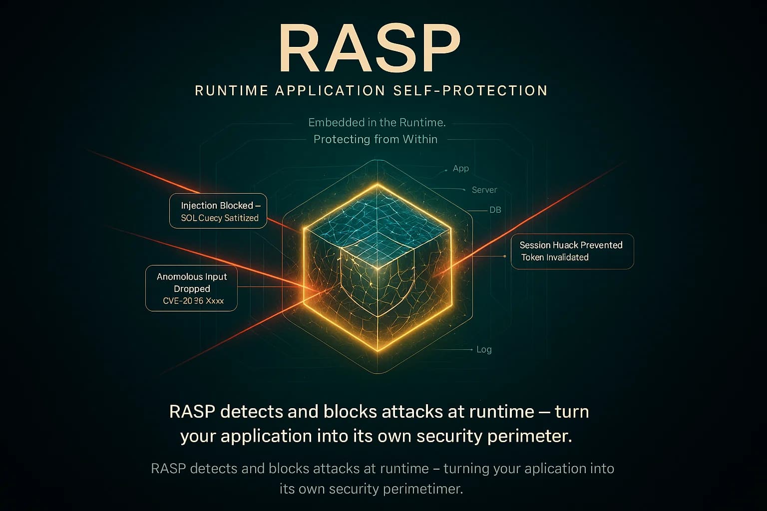 Digital illustration showing a glowing shield mesh surrounding an application core, representing RASP blocking cyberattacks within a running application environment.