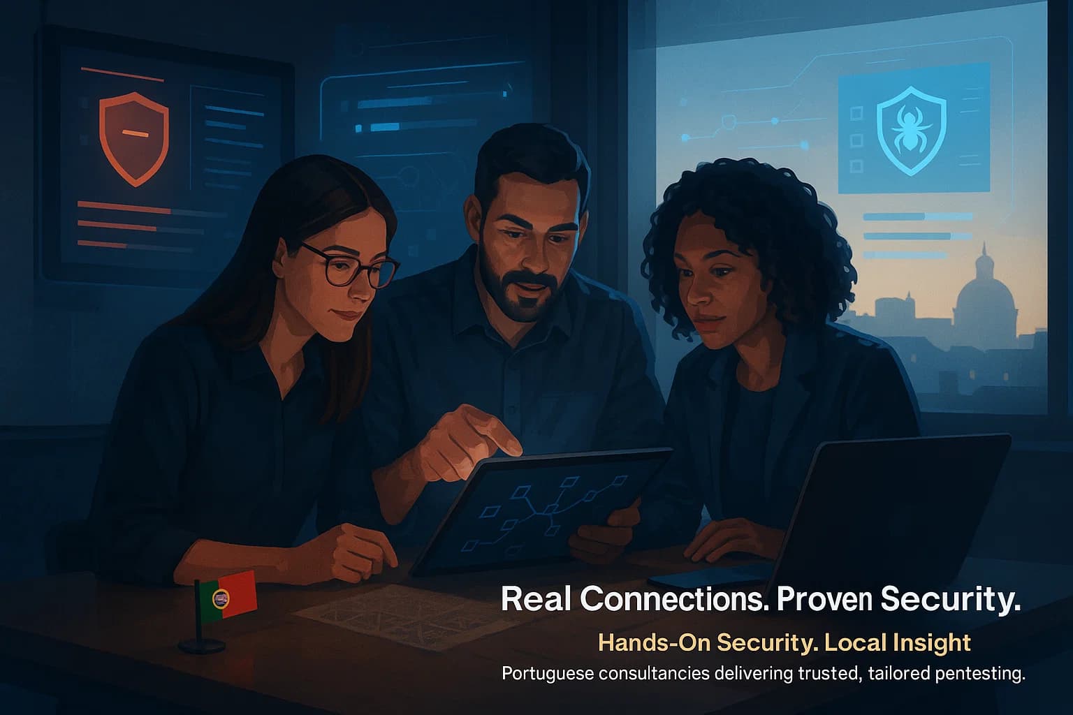 Digital illustration showing cybersecurity professionals in Portugal collaborating over network testing dashboards, representing local consultancies providing tailored penetration testing services.