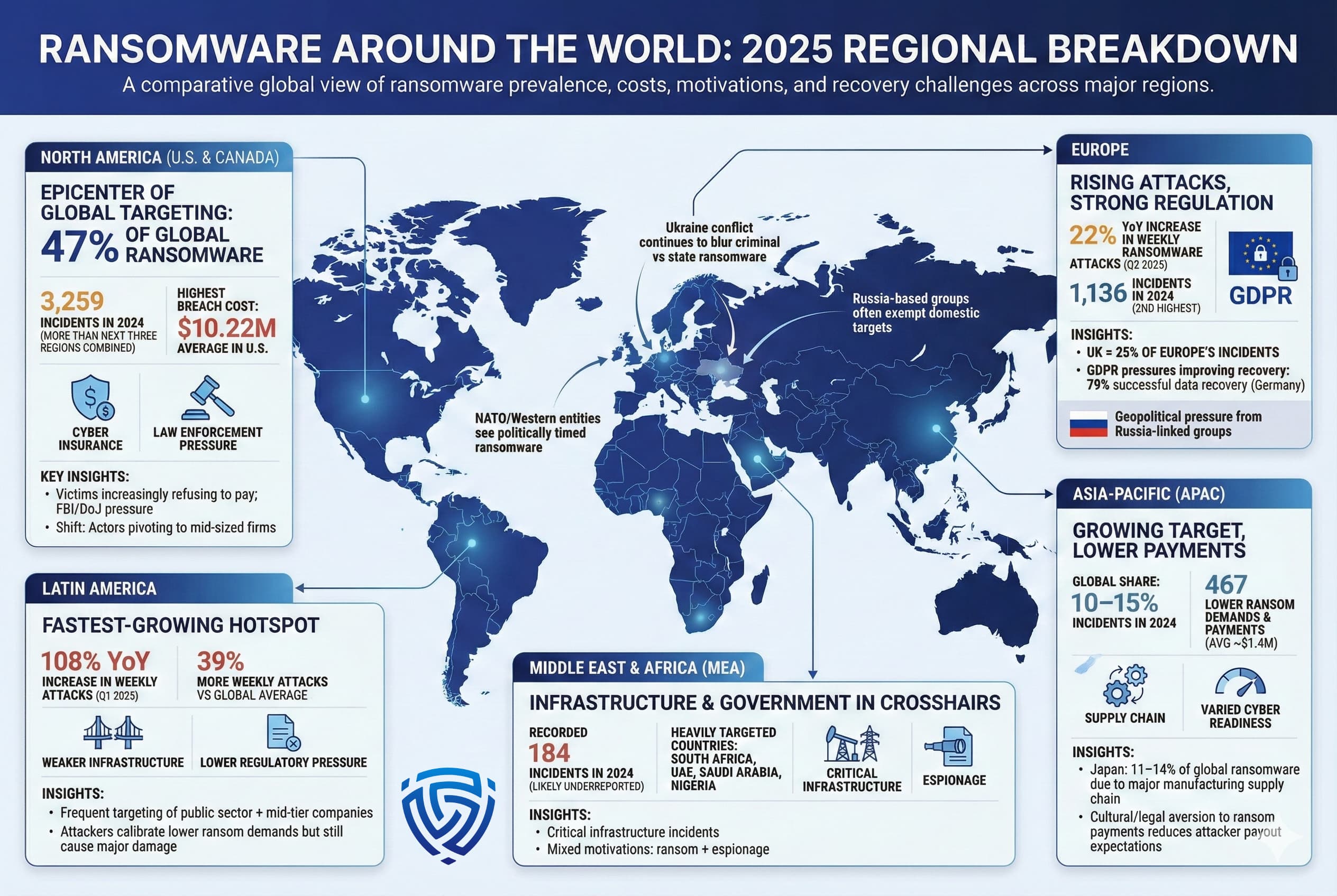 World map infographic showing ransomware attack distribution by region. North America is labeled as the largest target with 47% of global attacks. Europe shows rising attacks and strong regulation. Latin America is marked as the fastest-growing region. Asia-Pacific shows increasing attacks with lower ransom payments. Middle East and Africa highlight government and infrastructure targeting. Each region includes statistics, risk factors, and insights.