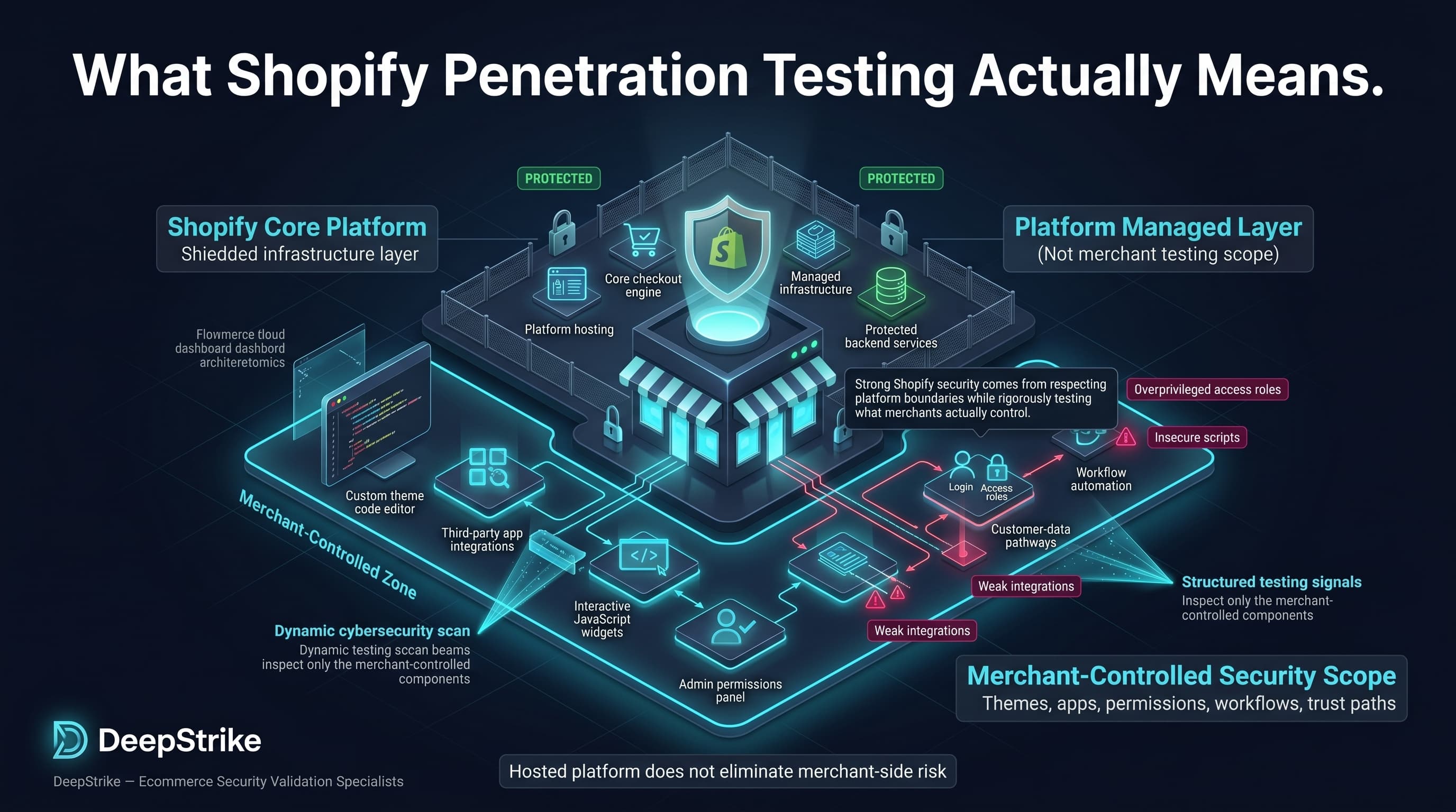 “A futuristic Shopify store architecture is split into two layers: a protected platform-managed core above and a merchant-controlled security scope below containing themes, apps, JavaScript, permissions, and data flows. Security scans inspect only the merchant-controlled components.”