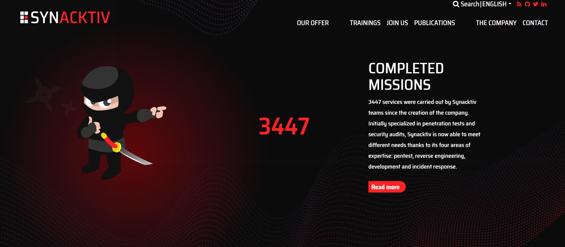 “Synacktiv cybersecurity firm website showing ‘Completed Missions’ statistics, emphasizing penetration testing, security audits, reverse engineering, and incident response expertise.”