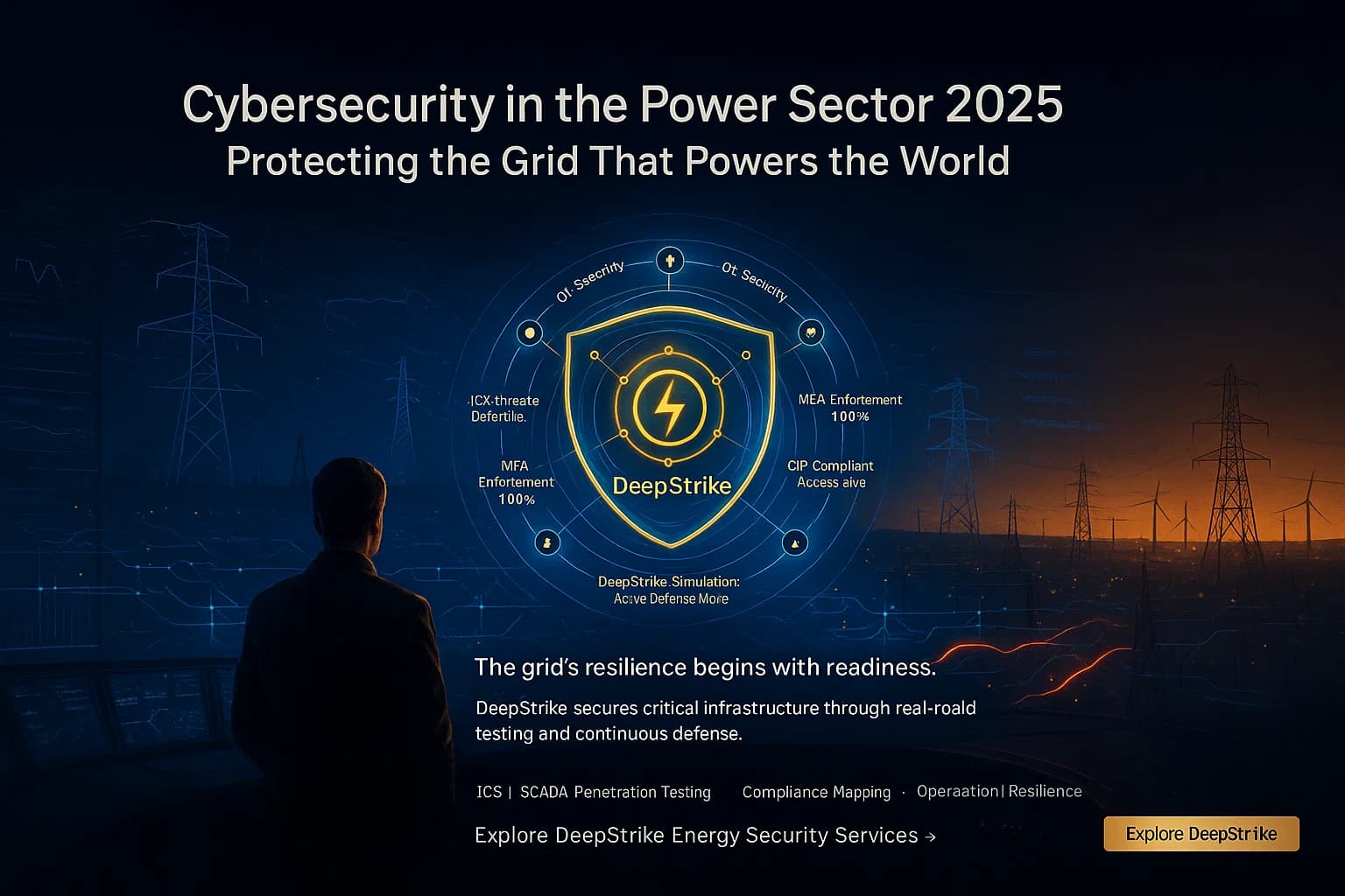 Digital illustration of a control-room engineer activating a holographic blue-gold shield over a national power grid, blocking red attack vectors and displaying real-time NERC CIP compliance metrics.