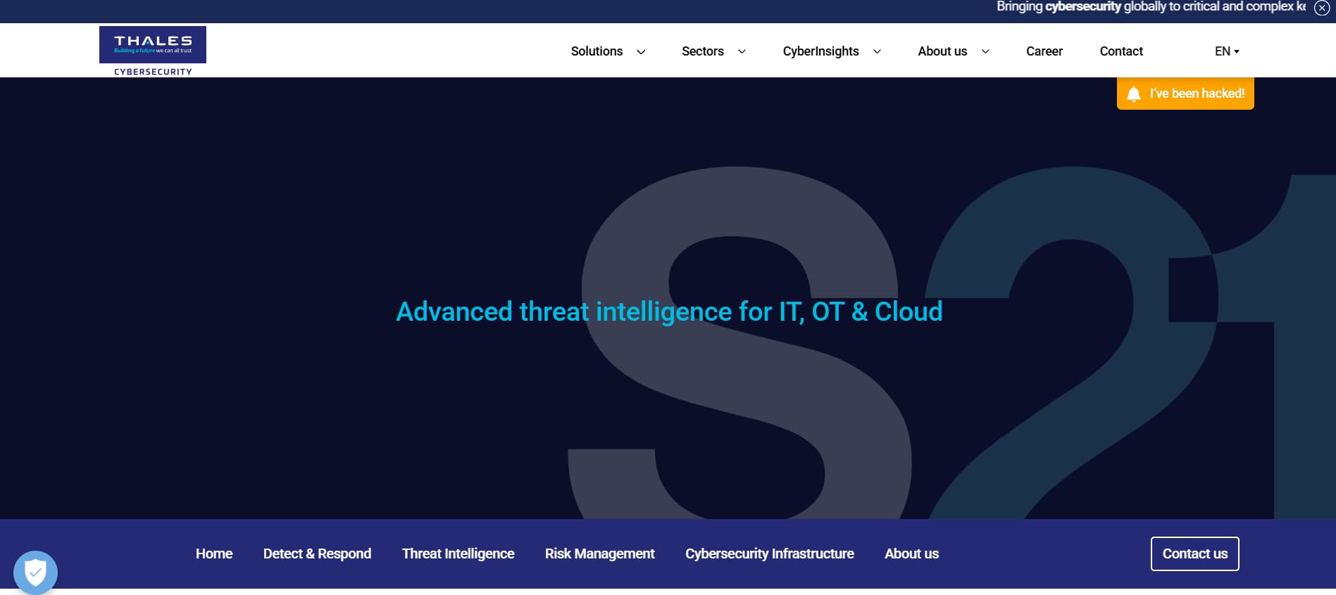 “Thales Cybersecurity homepage with message ‘Advanced threat intelligence for IT, OT & Cloud’, displayed on a dark blue background with enterprise navigation and contact options.”