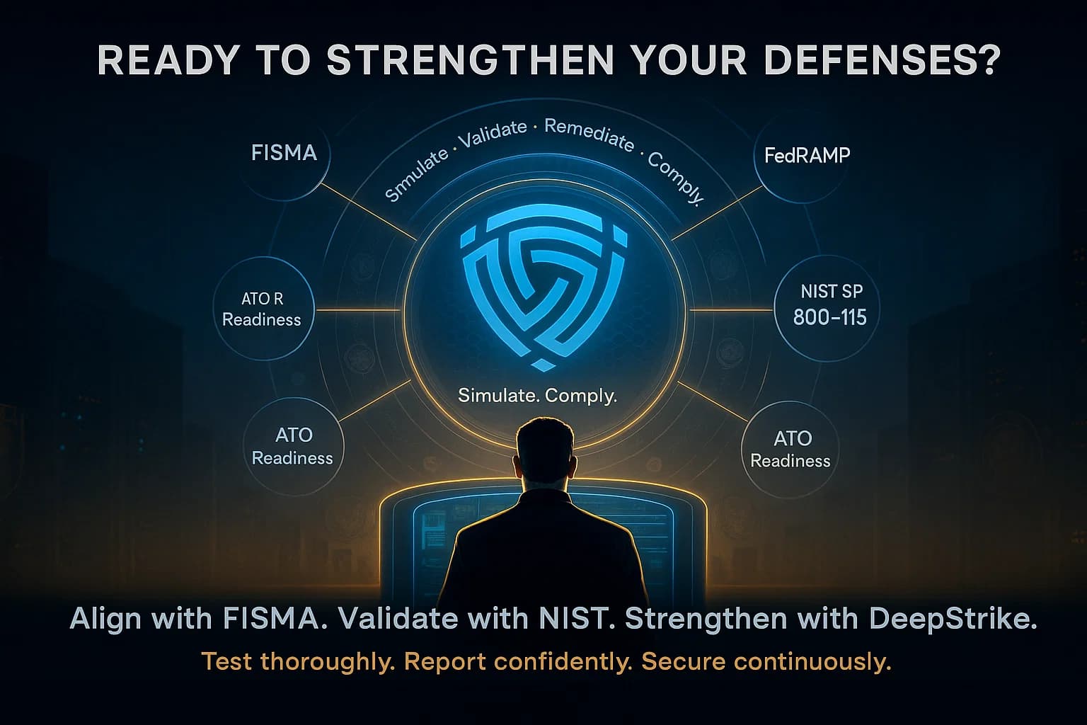 Digital illustration showing a cybersecurity analyst activating a holographic command interface labeled FISMA, FedRAMP, and NIST SP 800-115, with the DeepStrike logo centered in a glowing digital shield — representing readiness and compliance-driven security testing.