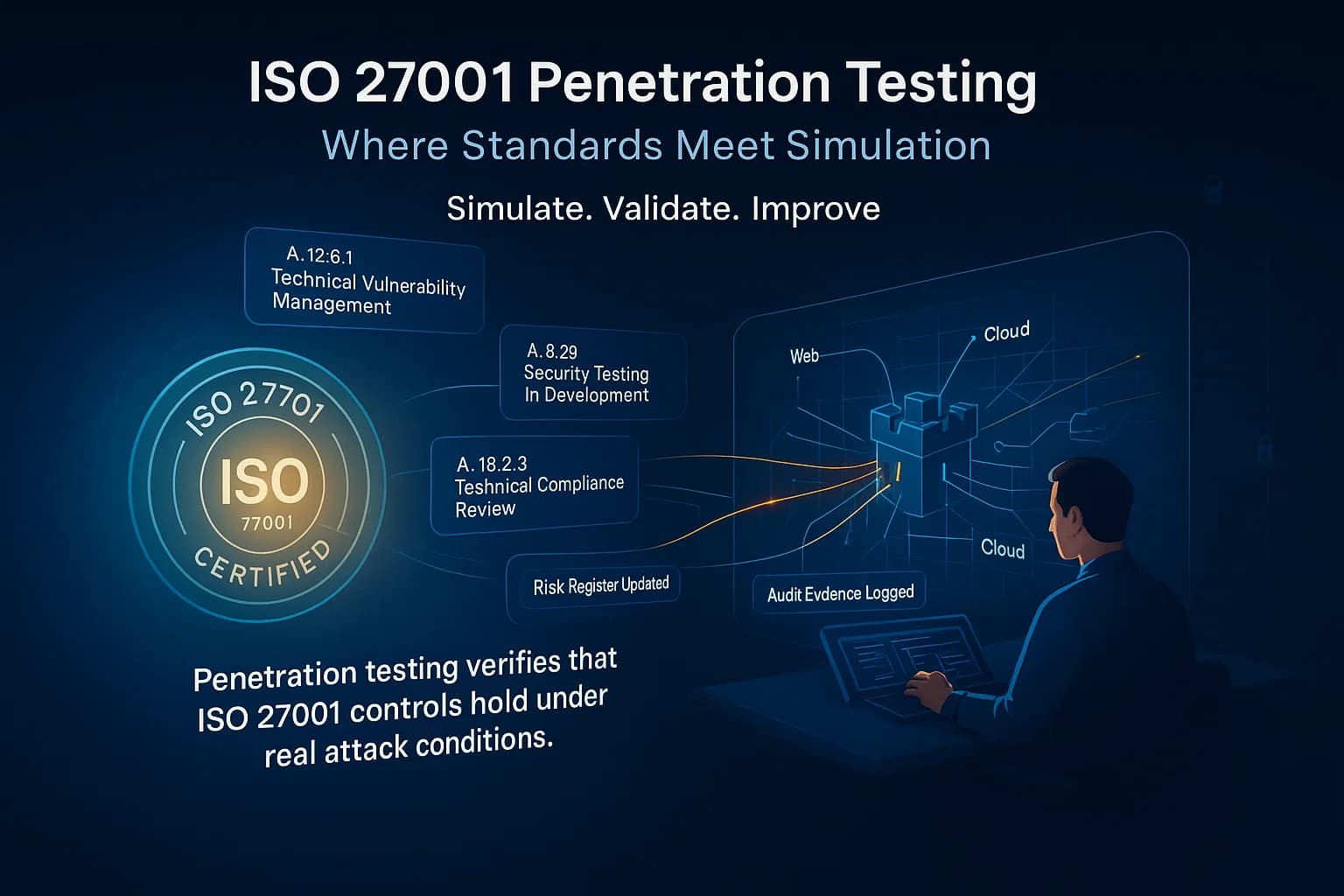 Digital illustration of an auditor and penetration tester simulating cyberattacks on networks and applications while feeding results into an ISO 27001 compliance framework.