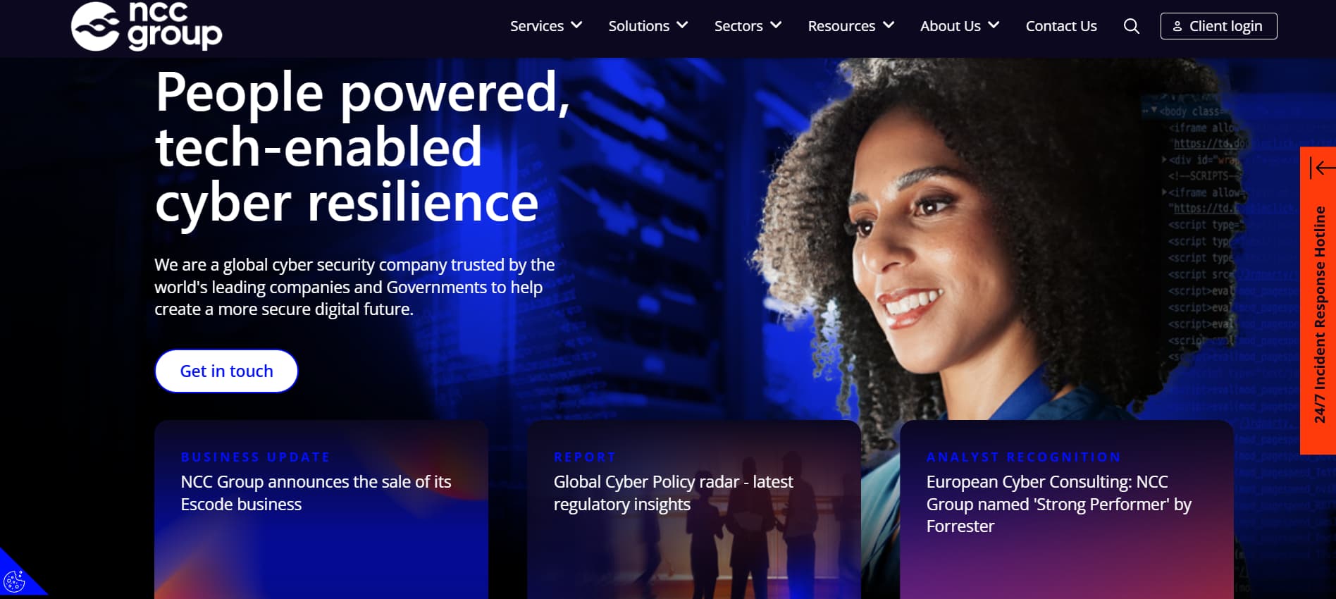 “NCC Group homepage featuring a cybersecurity professional and messaging about people-powered, technology-enabled cyber resilience.”
