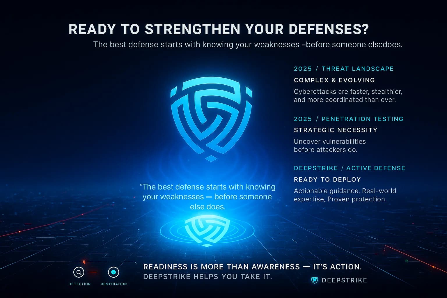 “The camera moves through a digital network under threat. Red signals mark potential vulnerabilities. DeepStrike activates — blue waves of protection expand, isolating and neutralizing risks. The network glows steady and secure, symbolizing readiness and resilience.”