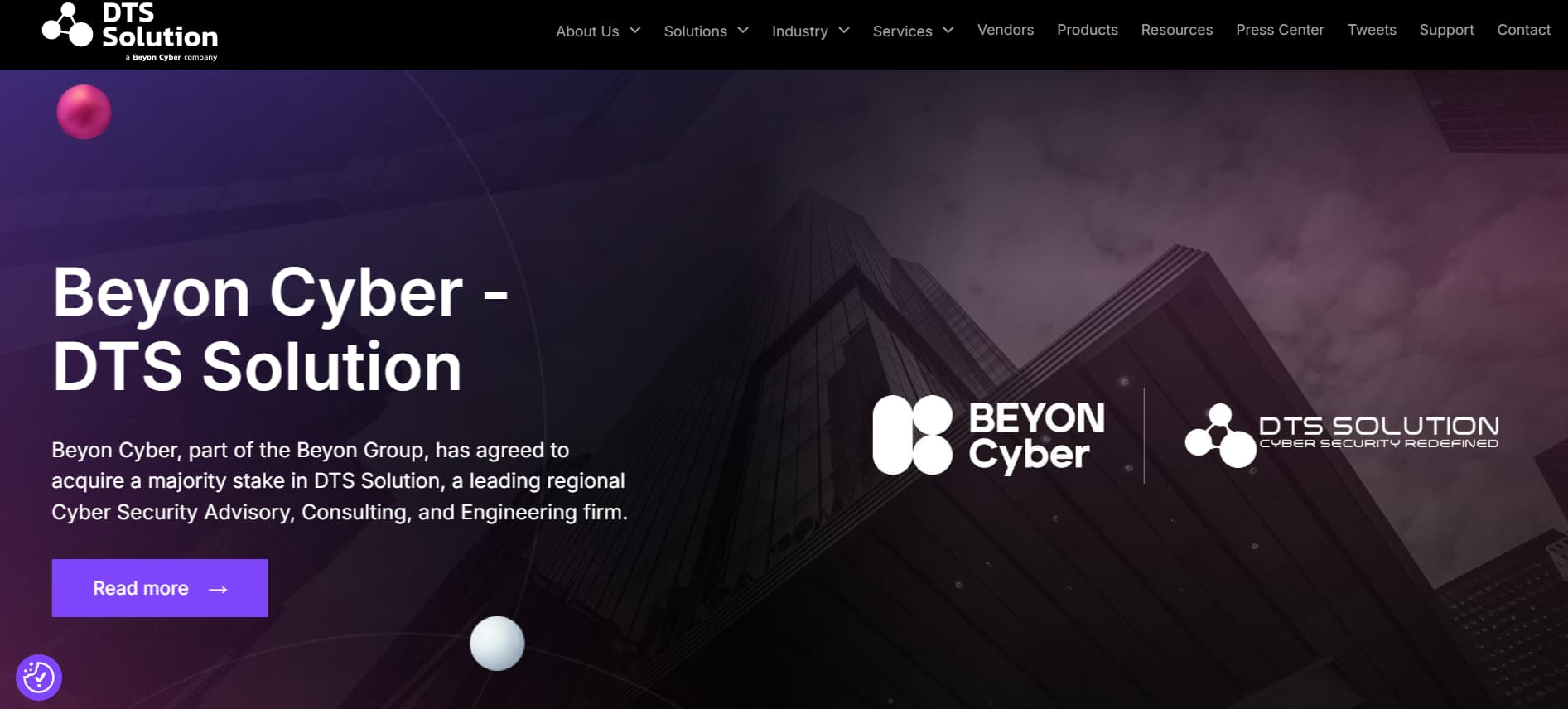 DTS Solution website banner with a purple gradient, tall buildings in the background, and the headline “Beyon Cyber – DTS Solution” highlighting its acquisition by Beyon Group.