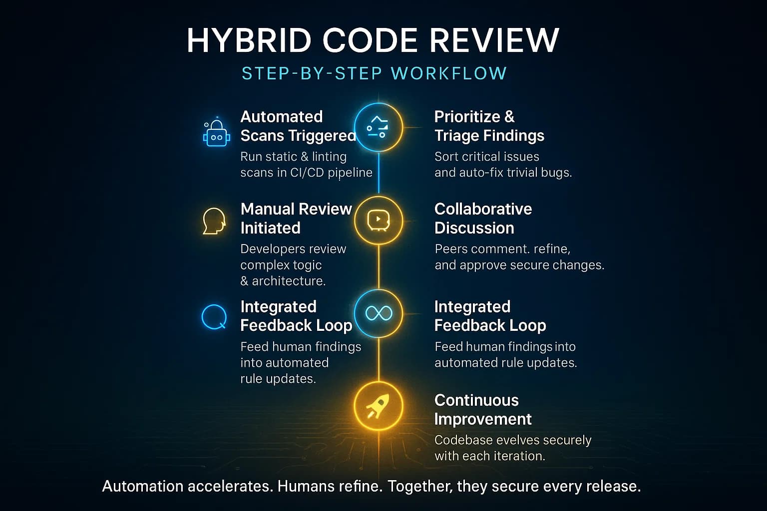 Infographic showing a six-step hybrid code review process combining automated scanning and manual peer review, connected by blue and gold nodes representing speed and insight.