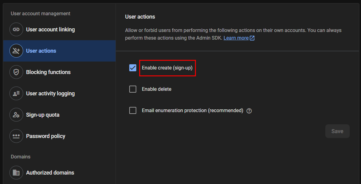 The "Enable create (sign-up)" user action in the Firebase console