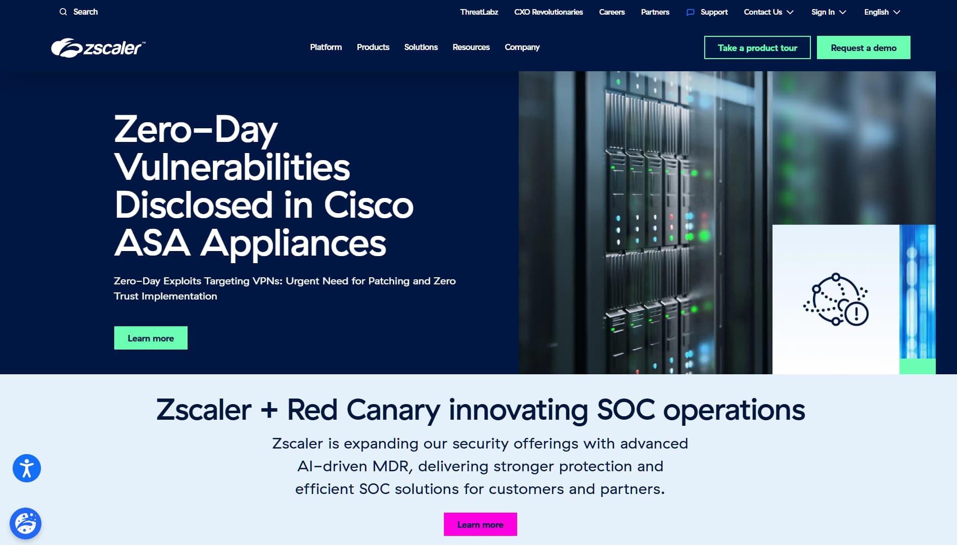 Zscaler homepage featuring Zero-Day vulnerability disclosure headline and collaboration with Red Canary to deliver AI-driven SOC and Zero Trust solutions.”