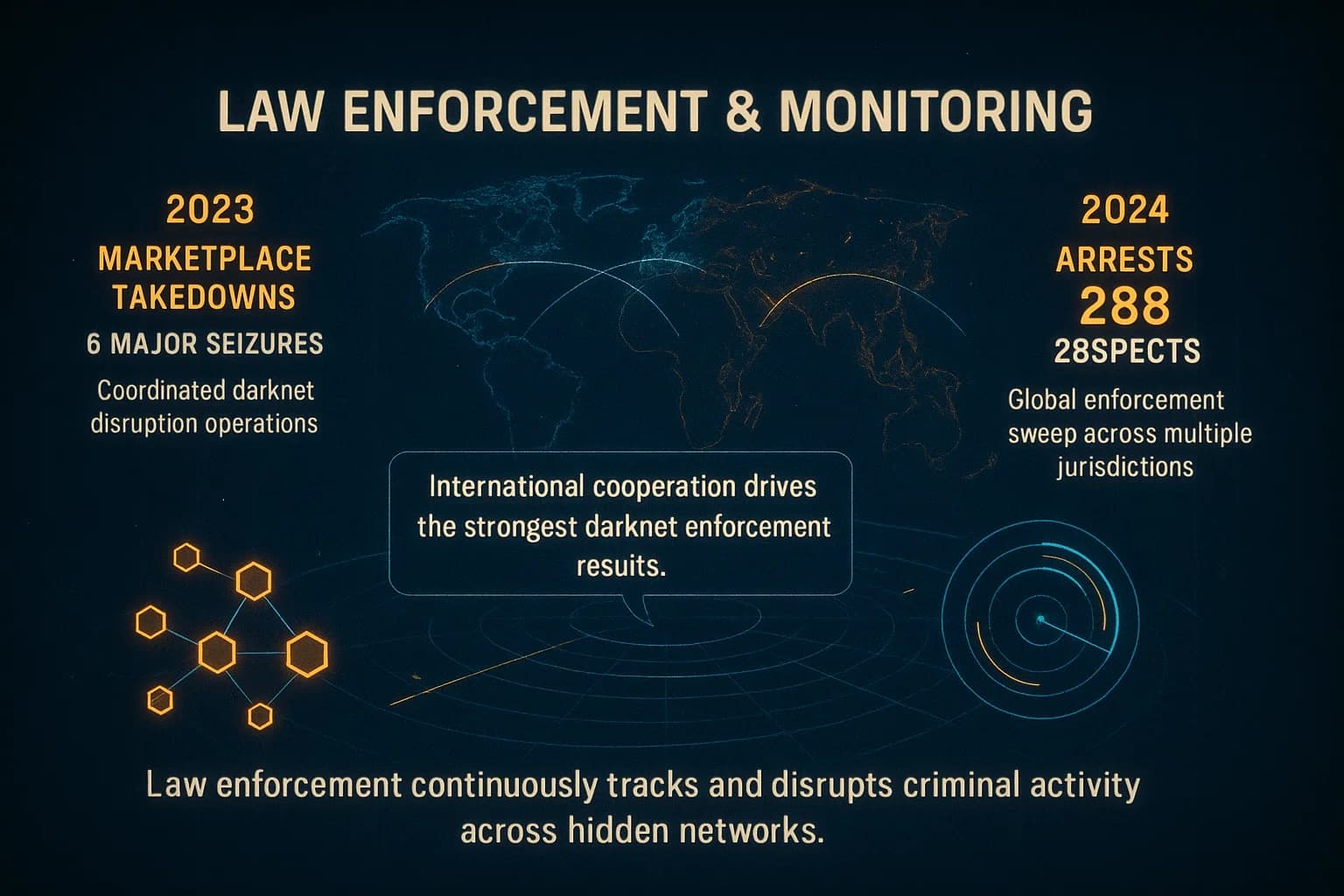 “An animated intelligence-style visualization shows law enforcement monitoring the dark web using glowing nodes, radar sweeps, enforcement statistics, and tracking overlays that highlight global takedowns and coordinated investigations.”