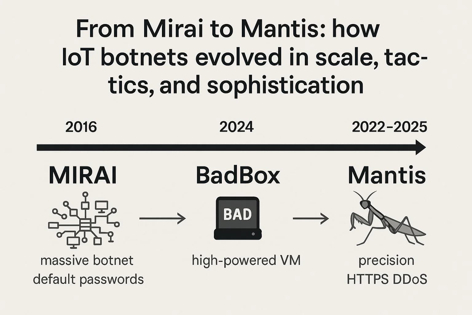 Timeline showing IoT botnet evolution from Mirai’s massive default password infections to Mantis’s precision HTTPS DDoS attacks.