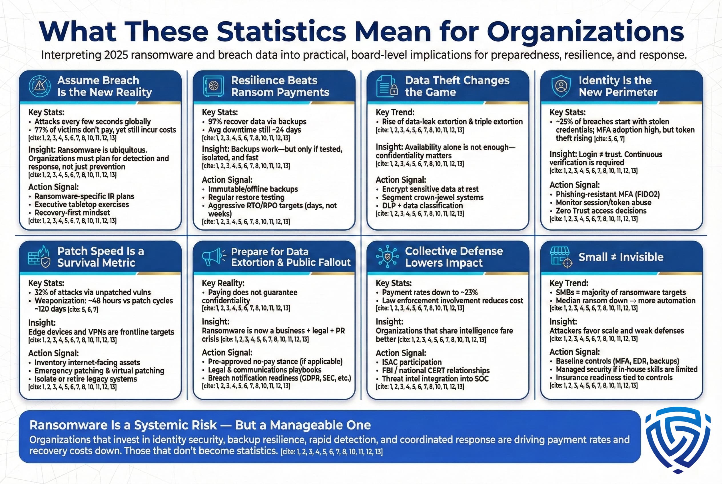 Infographic translating ransomware and breach statistics into organizational actions, highlighting assume-breach planning, backup resilience over ransom payment, data-theft extortion risks, identity as the security perimeter, rapid patching, coordinated defense, and SMB exposure.