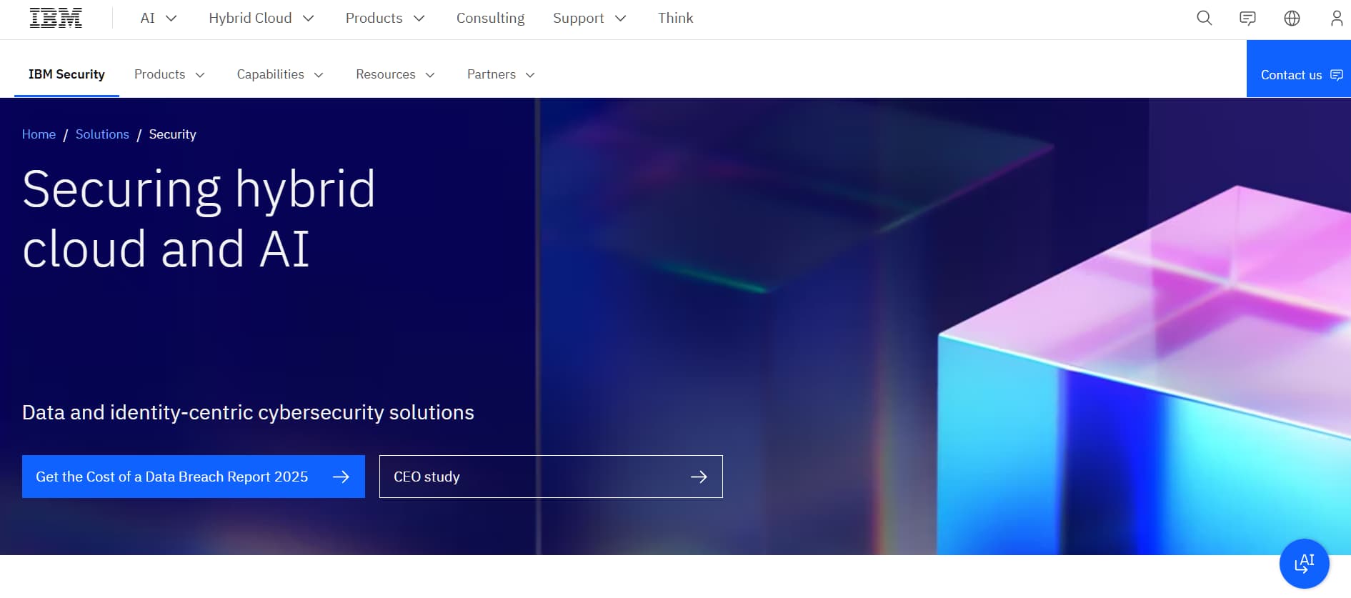 IBM Security webpage promoting data- and identity-centric cybersecurity solutions for hybrid cloud and AI environments.
