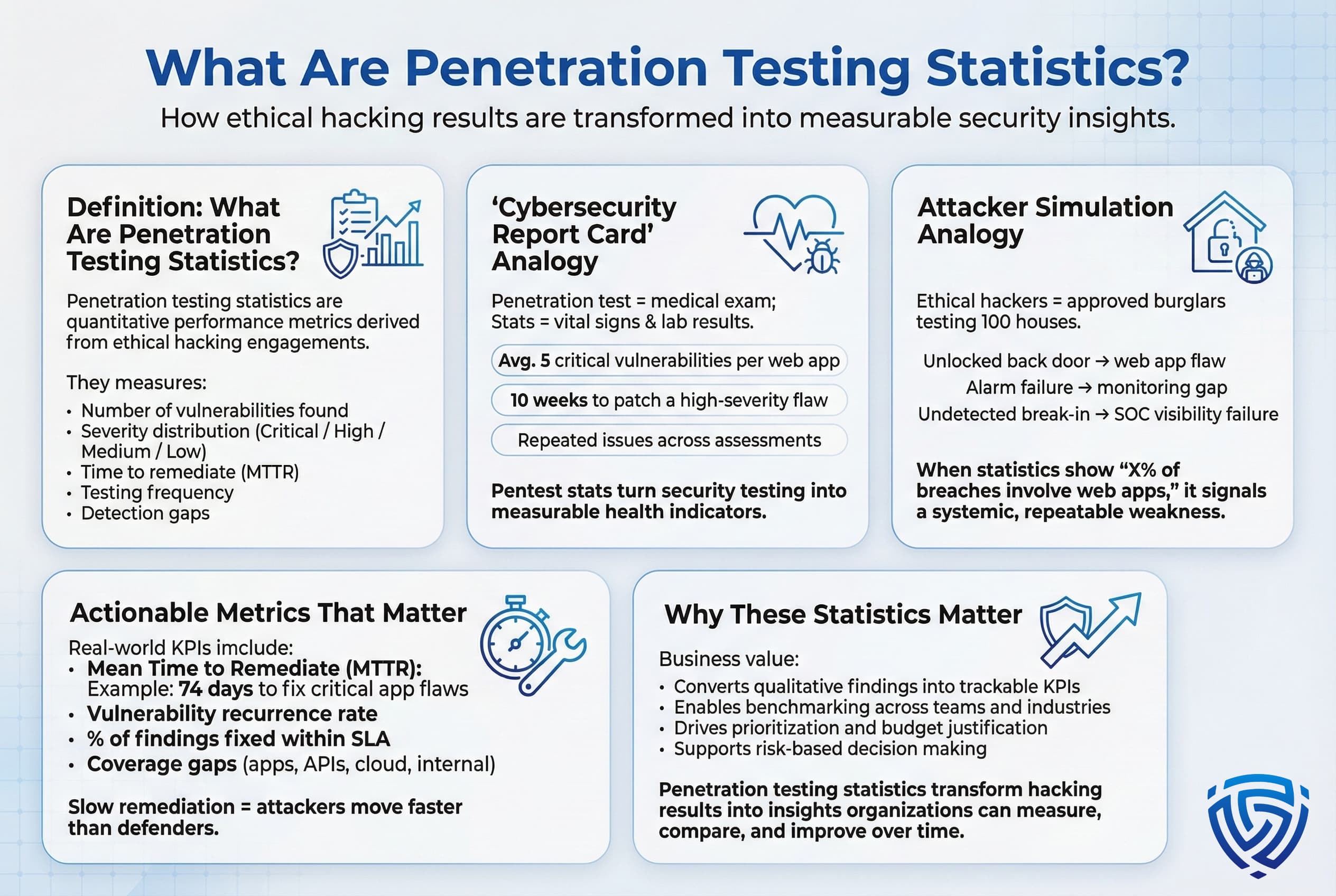 Infographic defining penetration testing statistics as quantitative metrics derived from ethical hacking. Explains what they measure, uses medical and attacker analogies, highlights actionable KPIs such as remediation time and recurrence rates, and shows how statistics support measurable, risk-based security decisions.