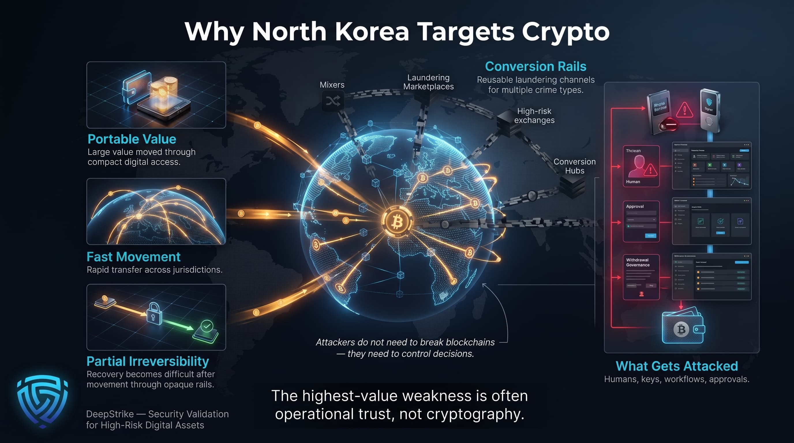 “A cyber intelligence graphic shows a glowing crypto vault with value streams moving across a world map while threat pathways target approval systems and signer devices. Panels explain portable value, fast movement, and difficult recovery, with laundering networks shown to the right.”