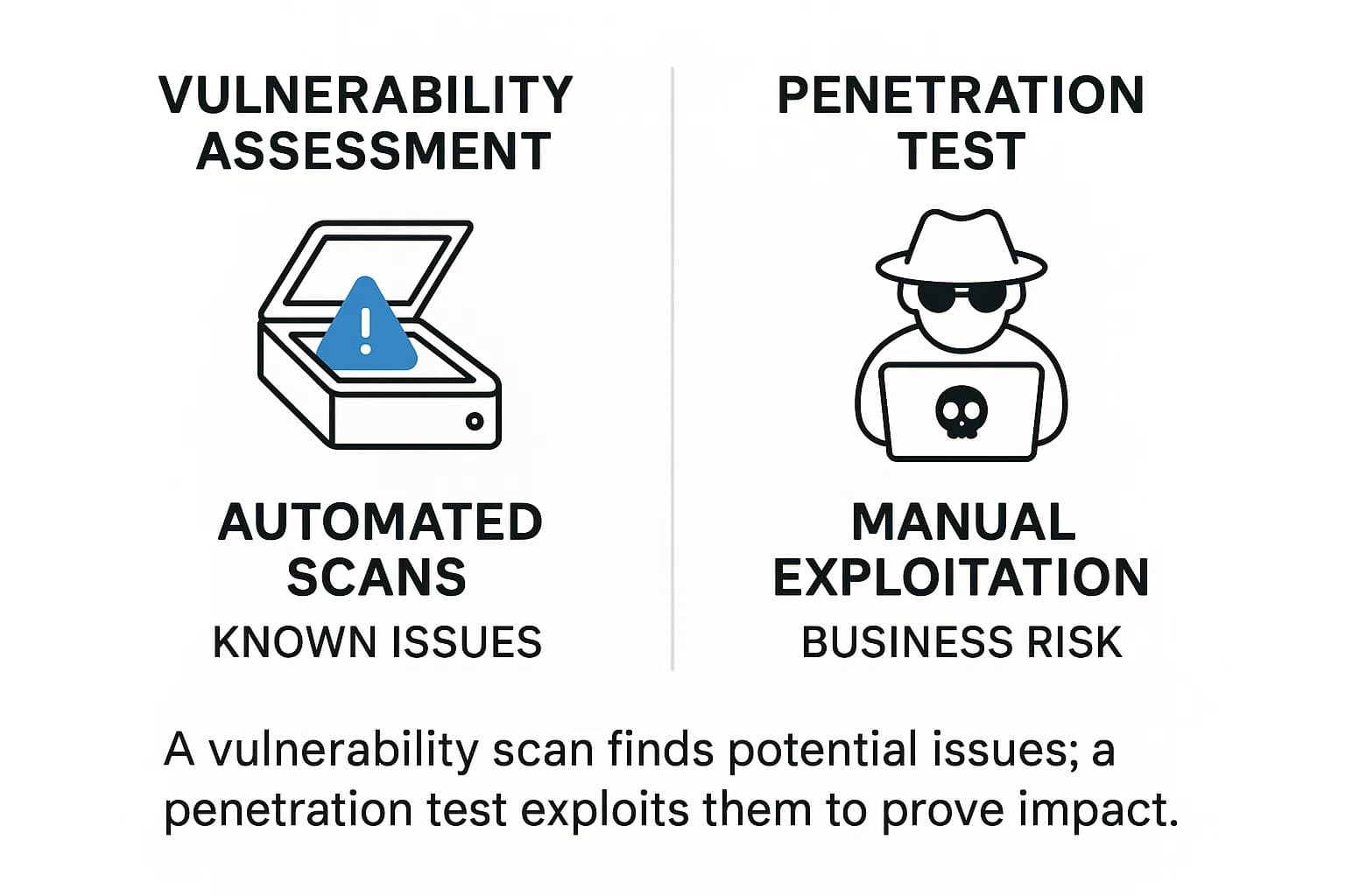 Comparison chart showing vulnerability assessment as automated scans for known issues versus penetration testing as manual exploitation to demonstrate real-world business risk.
