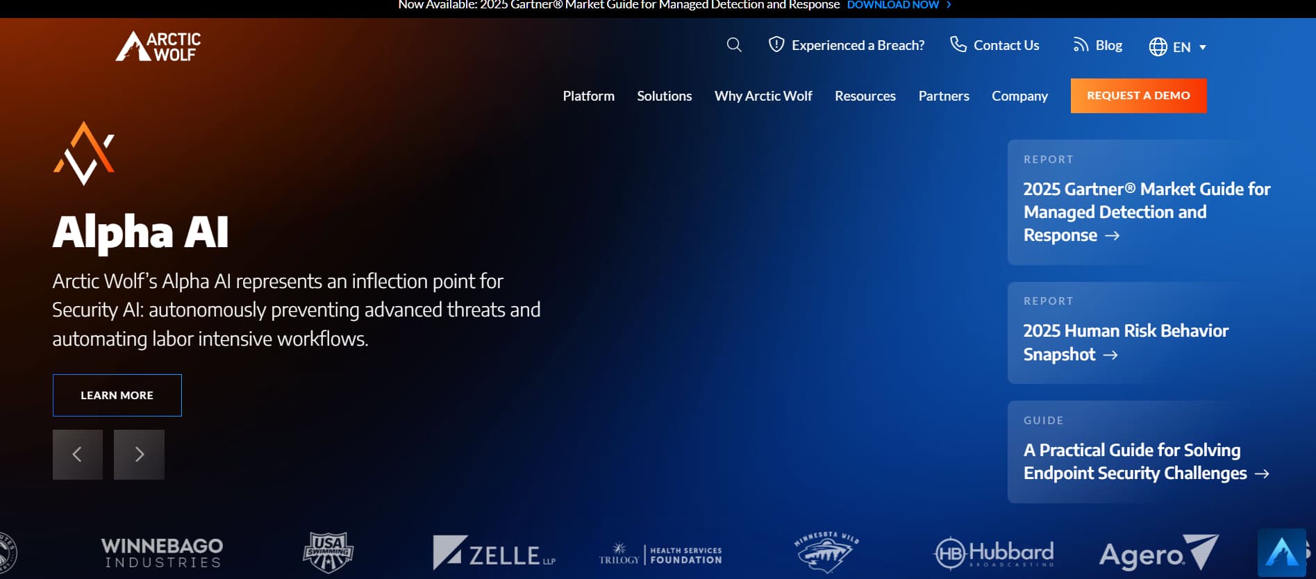 Arctic Wolf Alpha AI page – “Blue gradient cybersecurity page highlighting Alpha AI and threat prevention.”