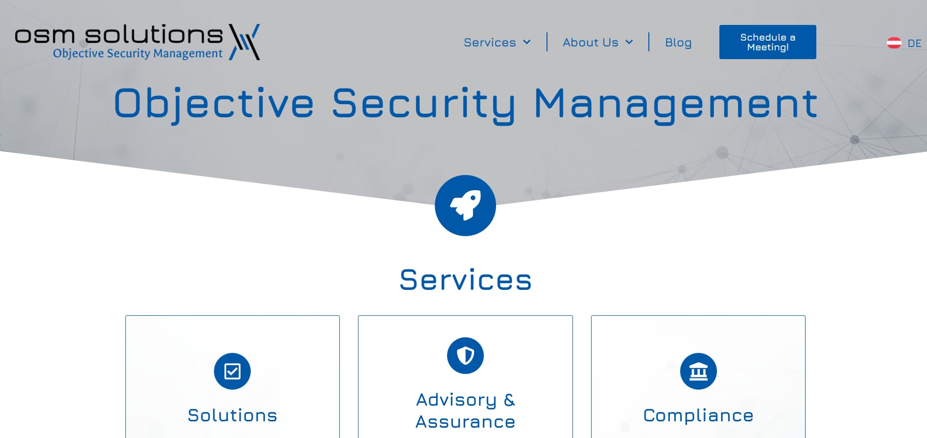 OSM Solutions website showing “Objective Security Management” header with services categories including solutions, advisory, and compliance.