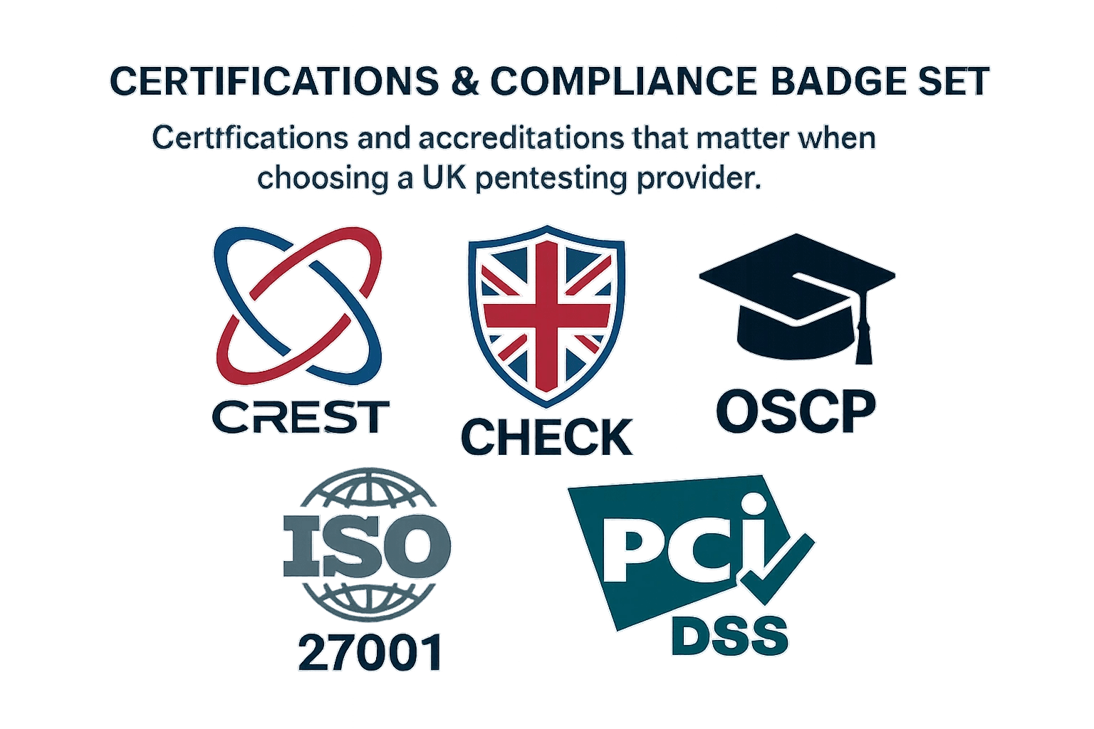 Icon set showing UK penetration testing certifications: CREST, CHECK, OSCP, ISO 27001, PCI DSS.