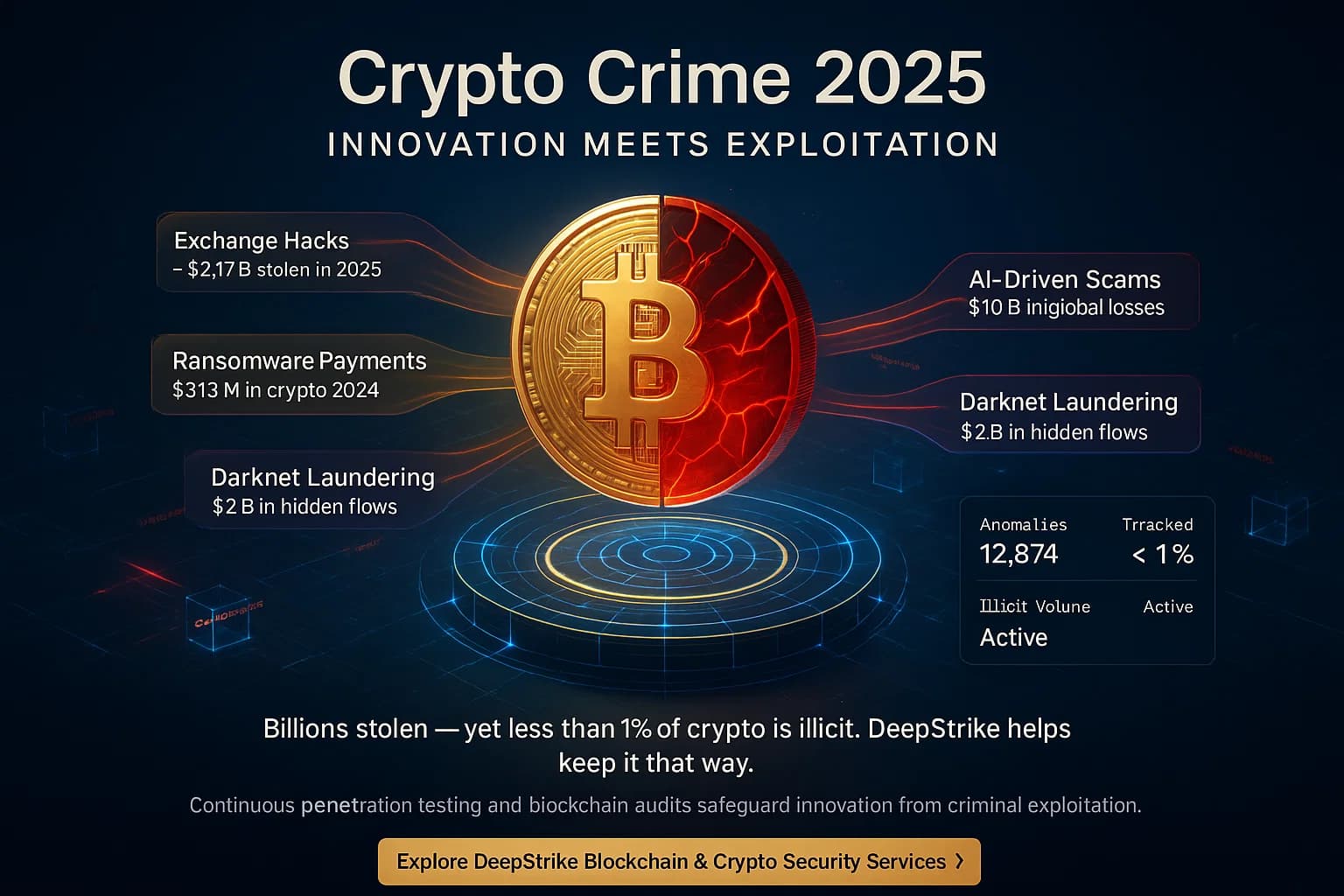 Digital illustration of a spinning holographic cryptocurrency coin split between gold and red, surrounded by data streams representing hacks, scams, and laundering, with a glowing DeepStrike defense grid symbolizing protection against crypto crime.