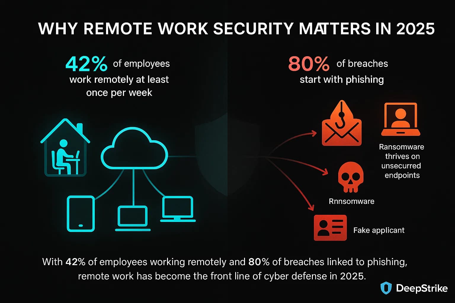 Dark-themed infographic showing the contrast between legitimate remote work connections and cyber threats in 2025. The left side depicts employees securely connecting from home via cloud apps, while the right side shows phishing, ransomware, and fake-identity attacks converging on the same network, illustrating why remote work security is now essential for modern organizations.