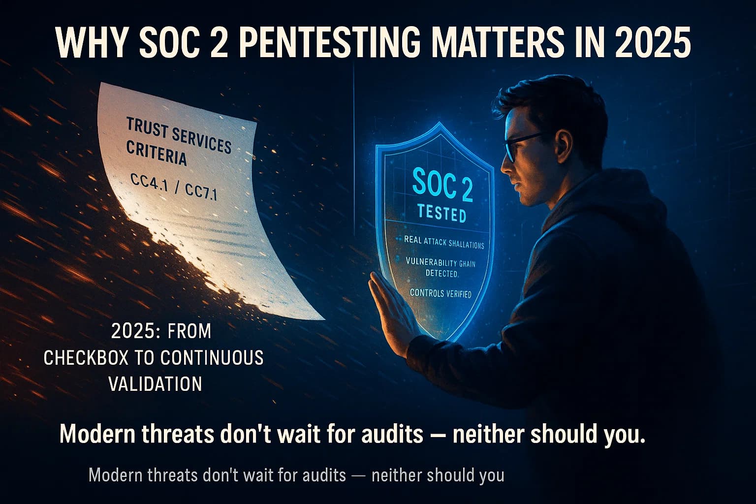 Digital illustration showing a paper SOC 2 compliance document dissolving into data as a cybersecurity analyst reinforces it into a glowing holographic shield labeled “SOC 2 Tested,” representing the shift from theoretical compliance to active threat validation.