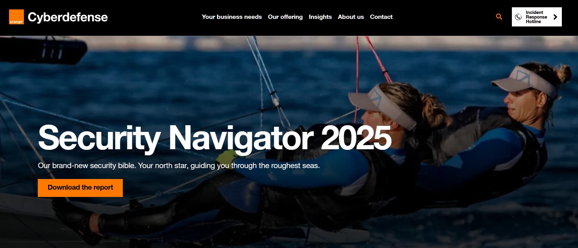 Orange Cyberdefense Belgium homepage promoting Security Navigator 2025 report with sailing image and strong branding.