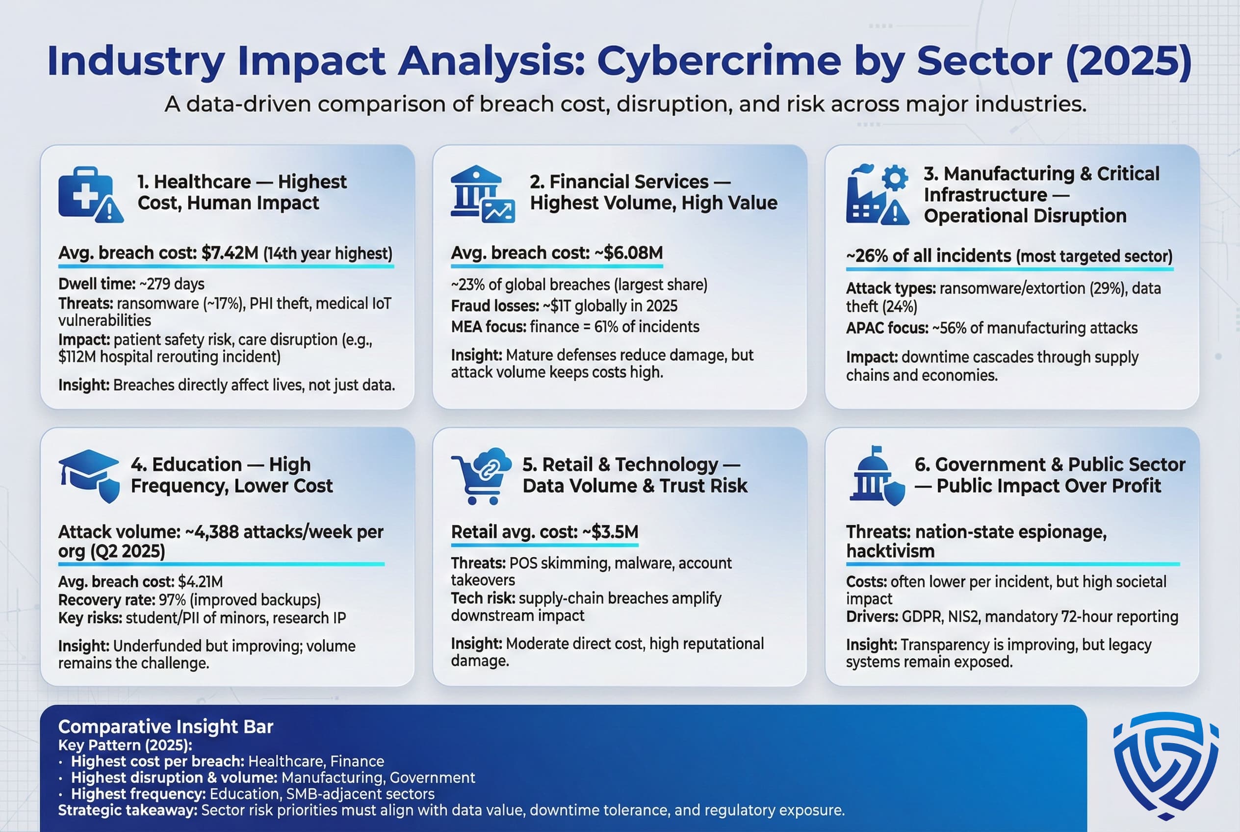 Infographic comparing cybercrime impact across industries in 2025. Healthcare shows the highest breach cost and human impact; financial services have the highest attack volume and fraud losses; manufacturing and critical infrastructure face the most operational disruption. Education experiences high attack frequency with lower cost, while retail, technology, and government face trust, supply chain, and public-sector risks.