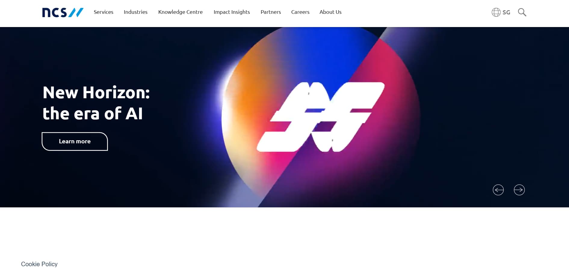 “NCS Singapore technology company homepage featuring ‘New Horizon: the era of AI’ digital gradient banner”