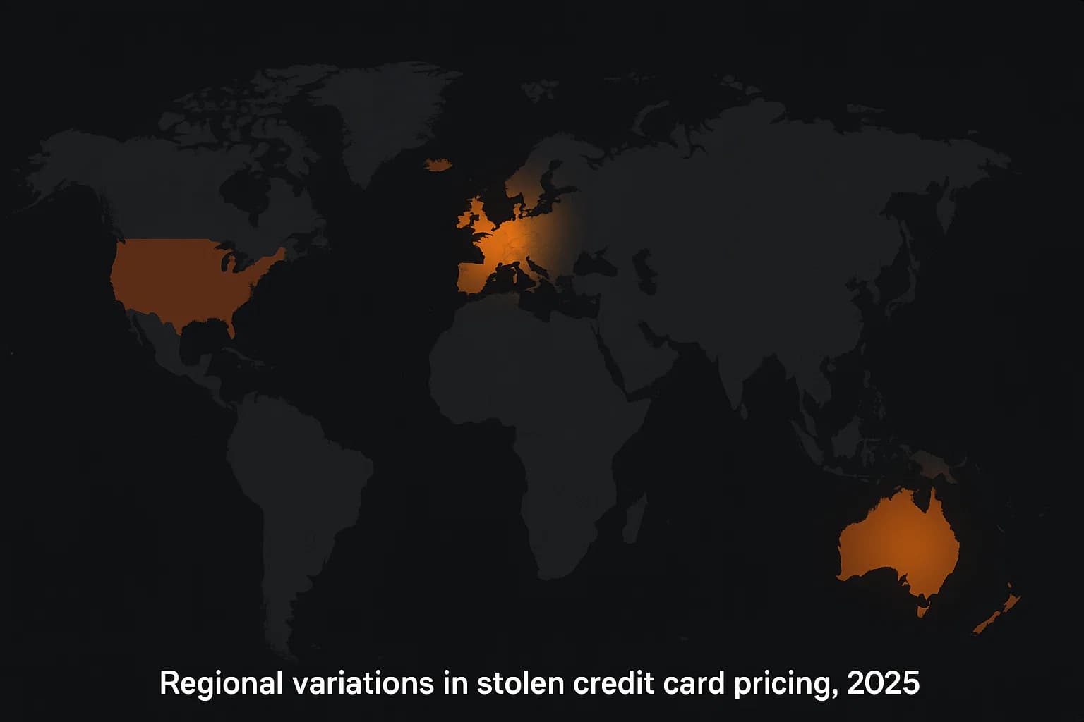 Heatmap of global stolen credit card prices in 2025, showing higher values in Australia and the UK compared to the US